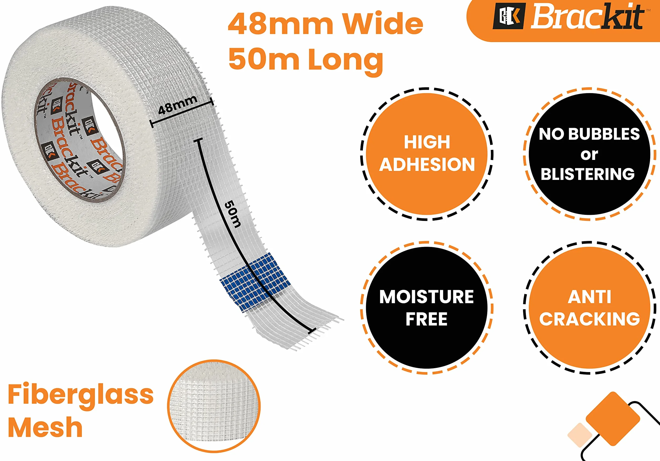 Brackit Ruban adhésif en fibre de verre 48 mm x 50 m Lot de 3 rouleaux blanc pour plaques de plâtre