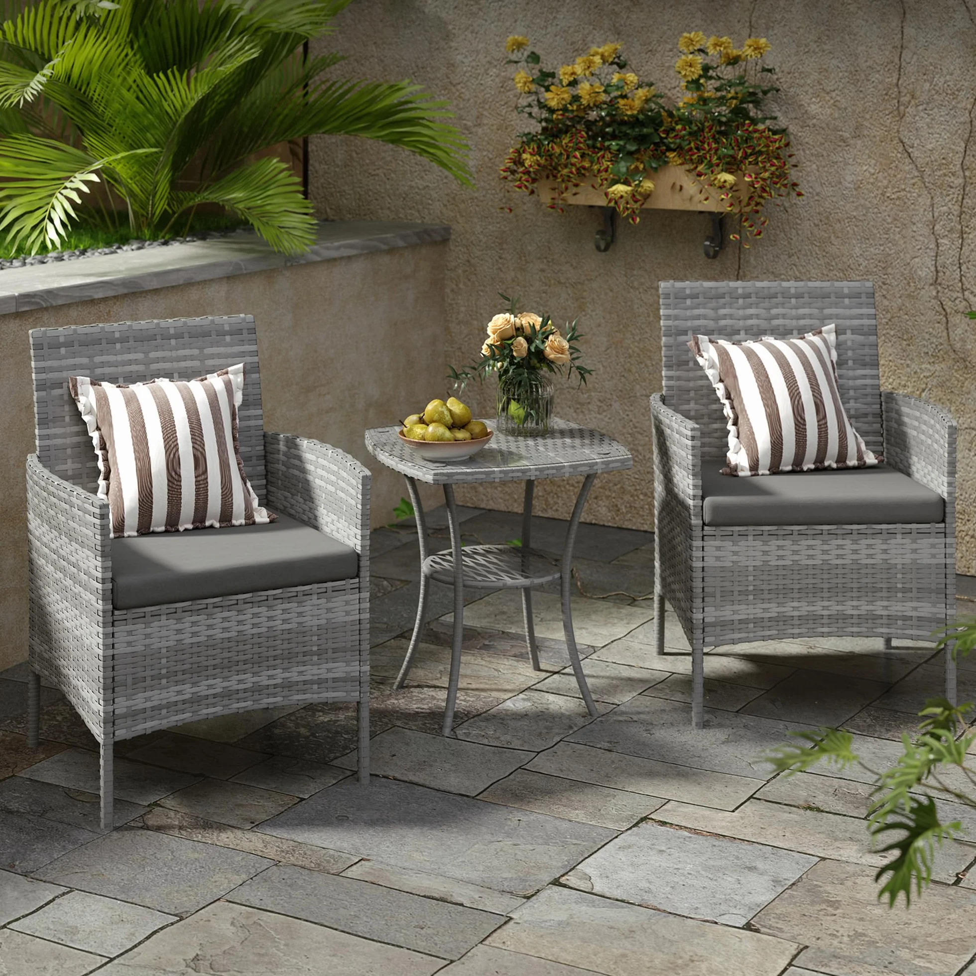 Amopatio Ensemble de meubles de jardin en rotin 3 pièces - Petit salon de jardin extérieur résistant aux intempéries - Table de bistrot avec 2 chaises - Meubles de terrasse pour terrasse, balcon, Gris