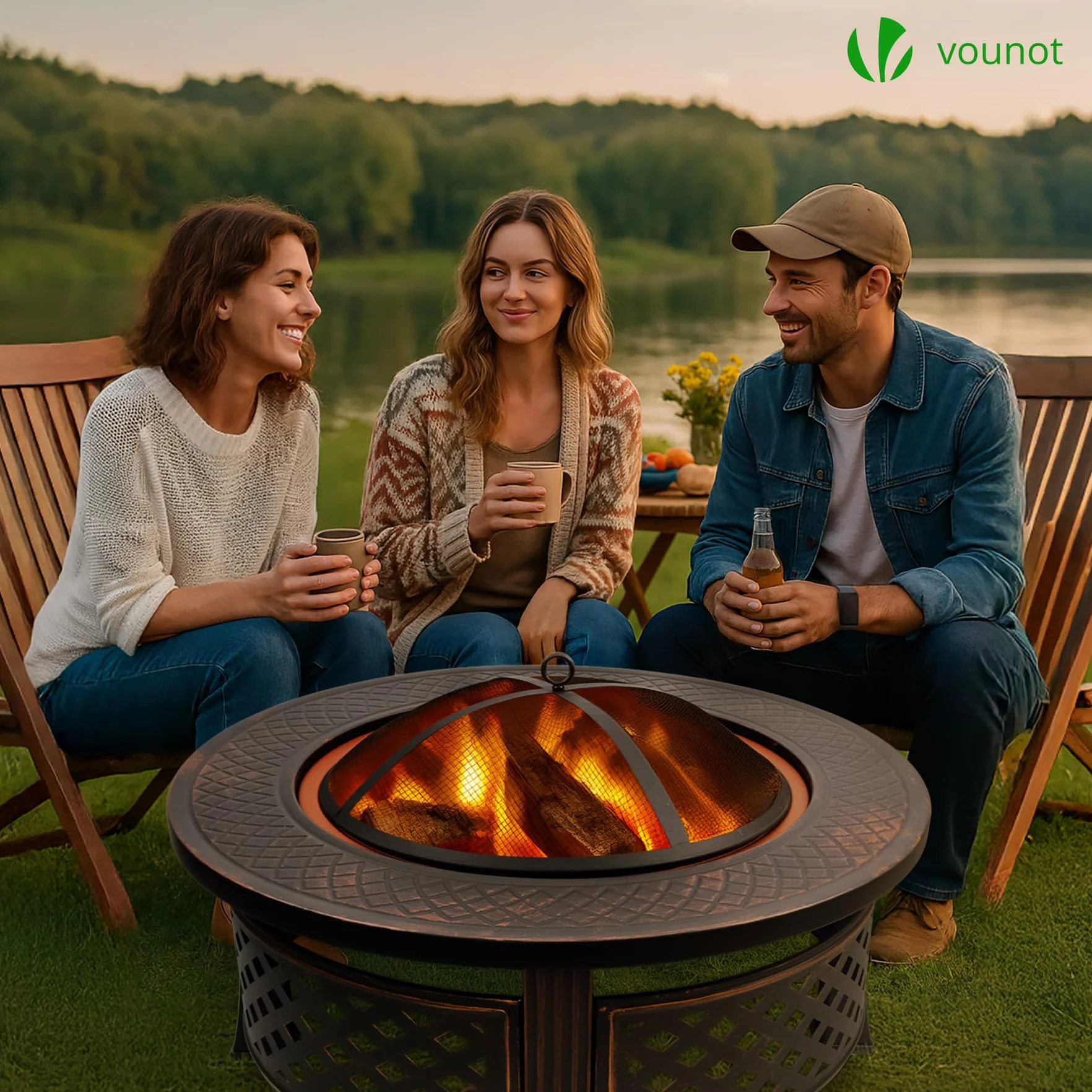 VOUNOT® Brasero Extérieur Ø81cm Métal Pare Étincelles Couvercle Tisonnier Chauffage Jardin Terrasse Foyer Rond Noir