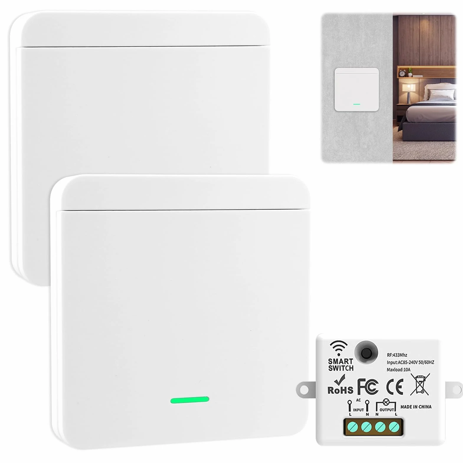 Interrupteur Sans Fil Kit 2 Pièces Va et Vient 10A 230V 433MHz 1500W Portée 30m