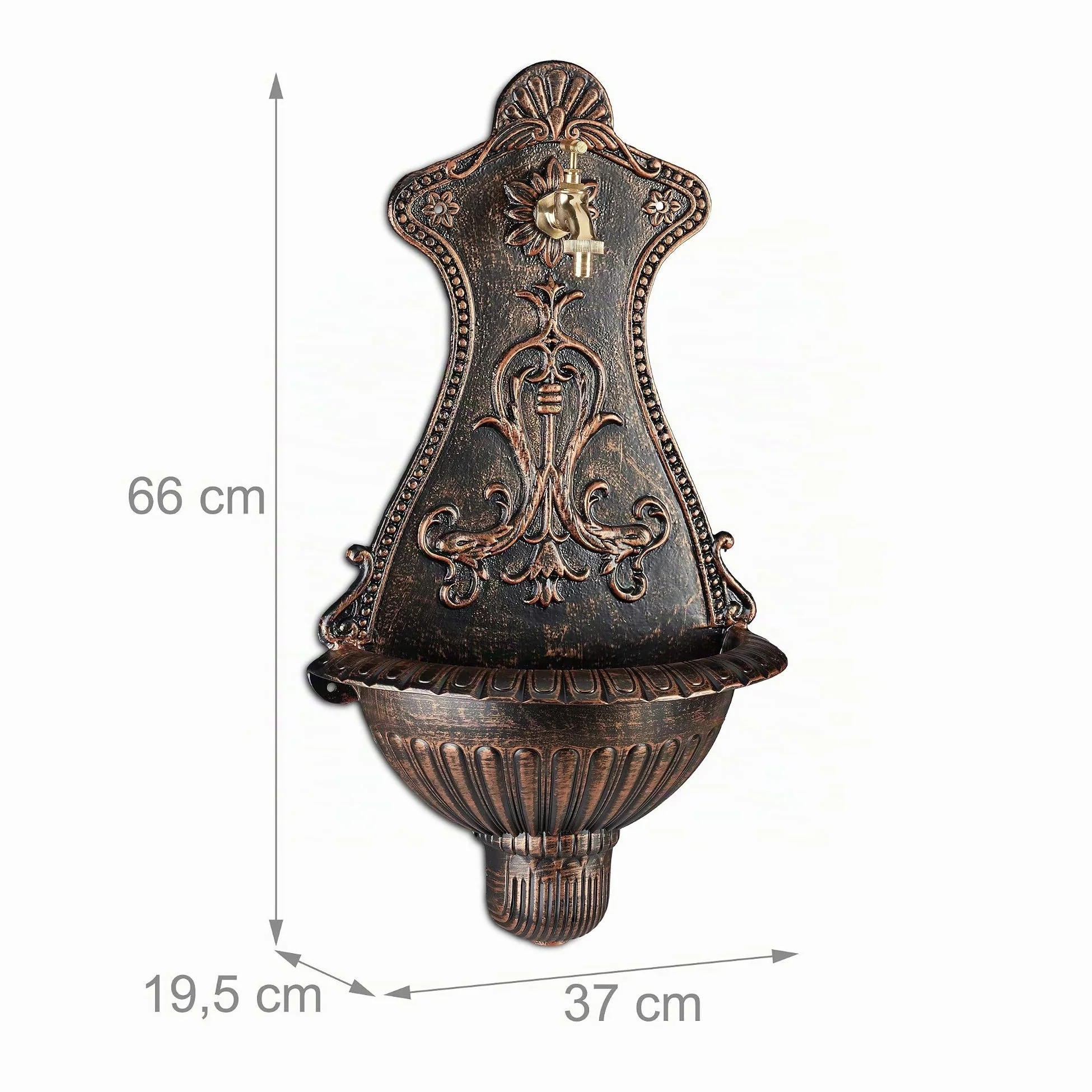 Relaxdays fontaines murales, éviers de jardin aspect nostalgie, robinet et évier suspendu, HlP 66 x 37 x 19,5 cm, bronze