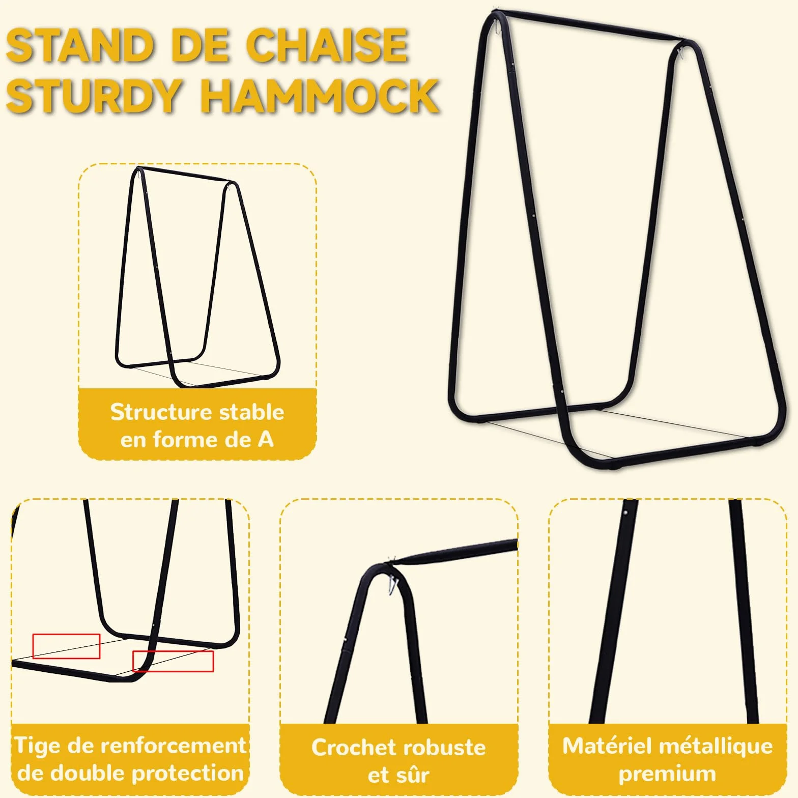 Support de Fauteuil Suspendu en Métal A-Shape pour Hamac sur Pied, Chaise Œuf ou Chaise Suspendue Intérieur Extérieur