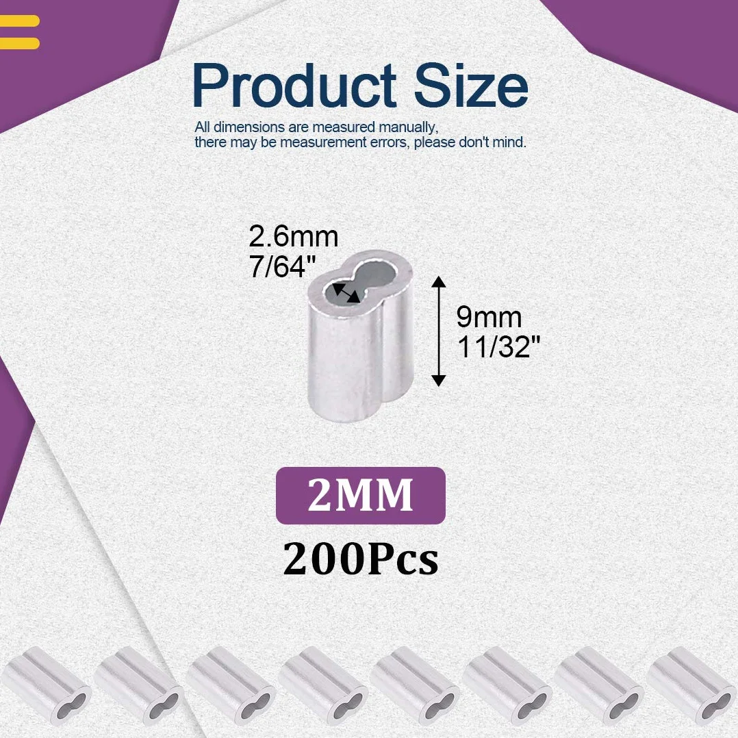 Swpeet Lot de 200 manchons à sertir en aluminium 2 mm pour câble métallique