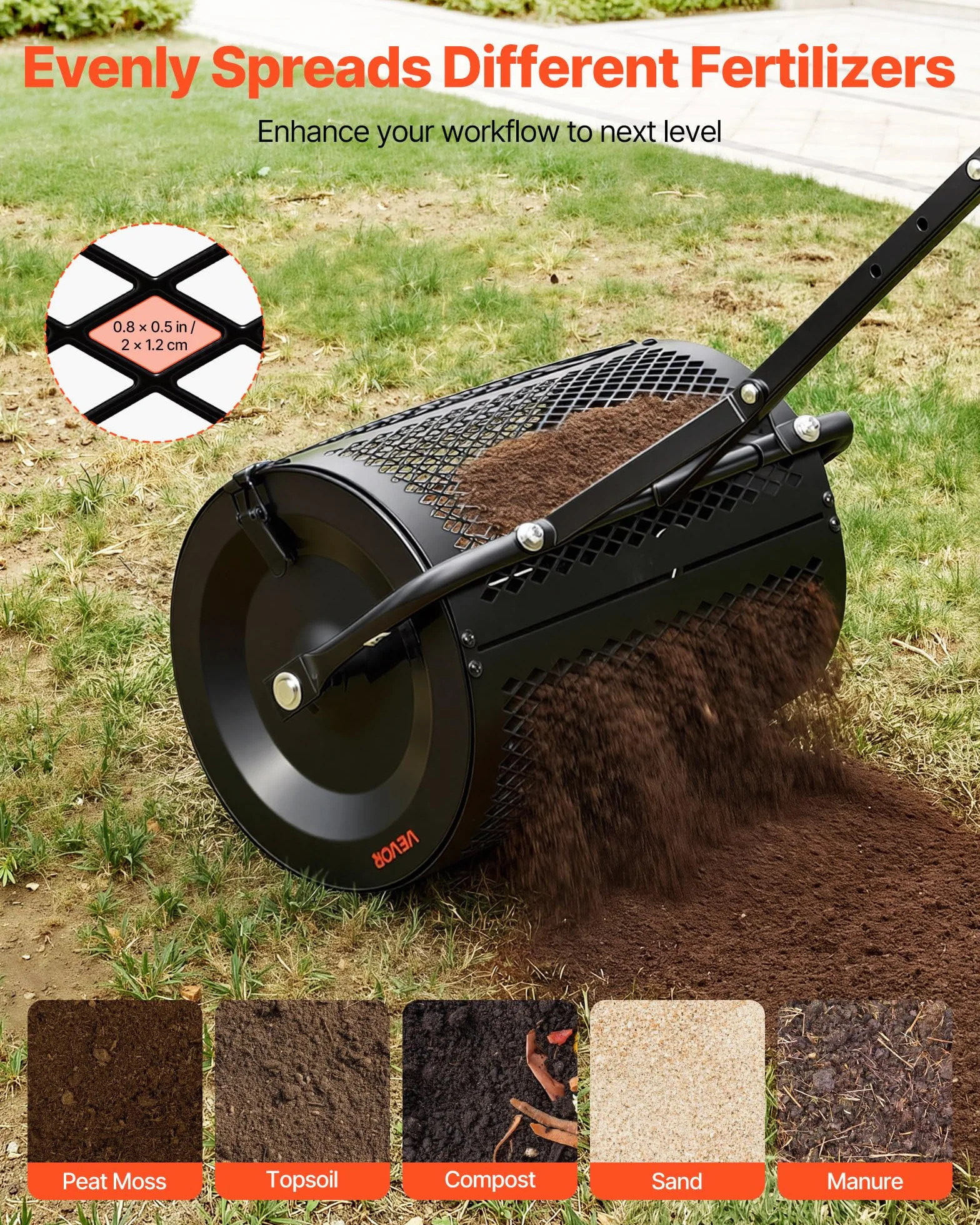 VEVOR Rouleau Épandeur à Compost 42 cm Épandeur Mousse de Tourbe à Rouleau Treillis pour Épandage Gazon Fumier Sel de Déneigement, avec Poignée en T, 3 Hauteurs Réglables, en Acier Thermolaqué, Noir