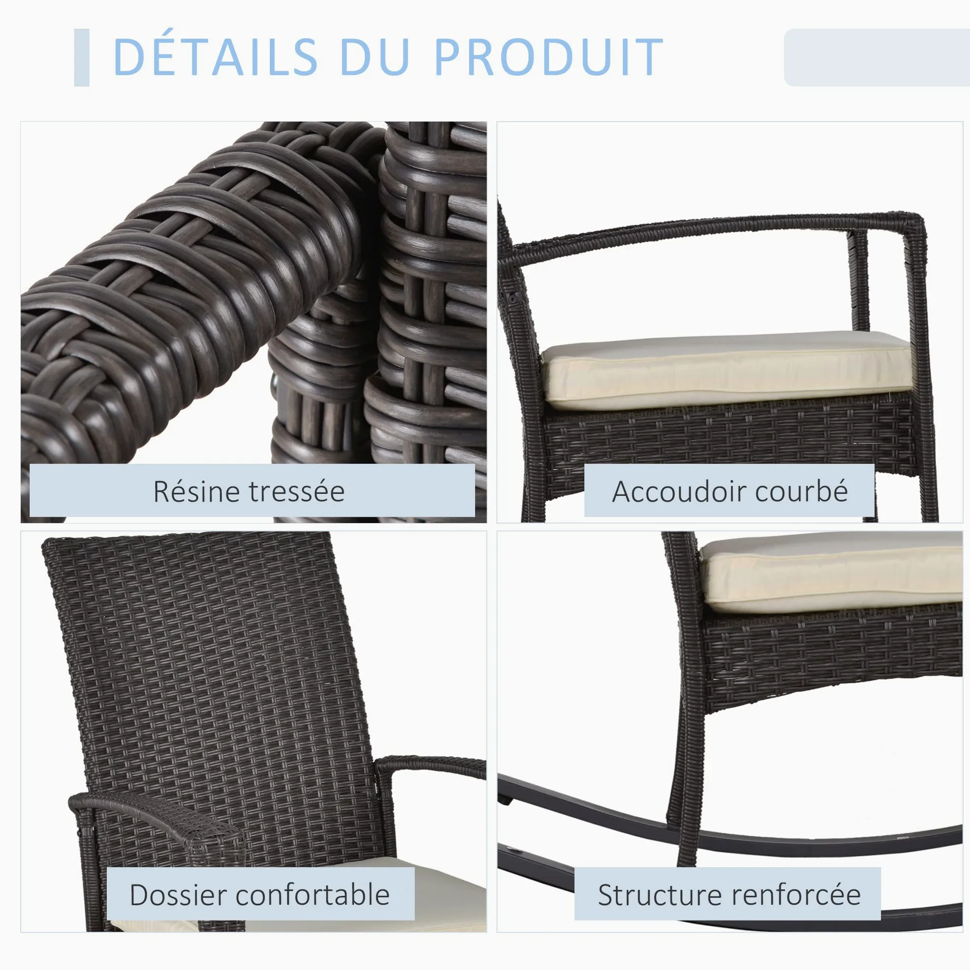 Outsunny Fauteuil à Bascule Rocking Chair avec Coussin d'assise déhoussable 66L x 88l x 98H cm résine tressée Imitation rotin Chocolat