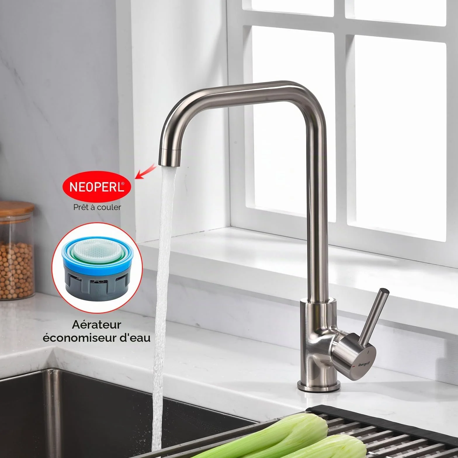 Ibergrif mitigeur monocommande acier inoxydable brossé pivotant 360° haute pression bec 28 cm design d'angle moderne