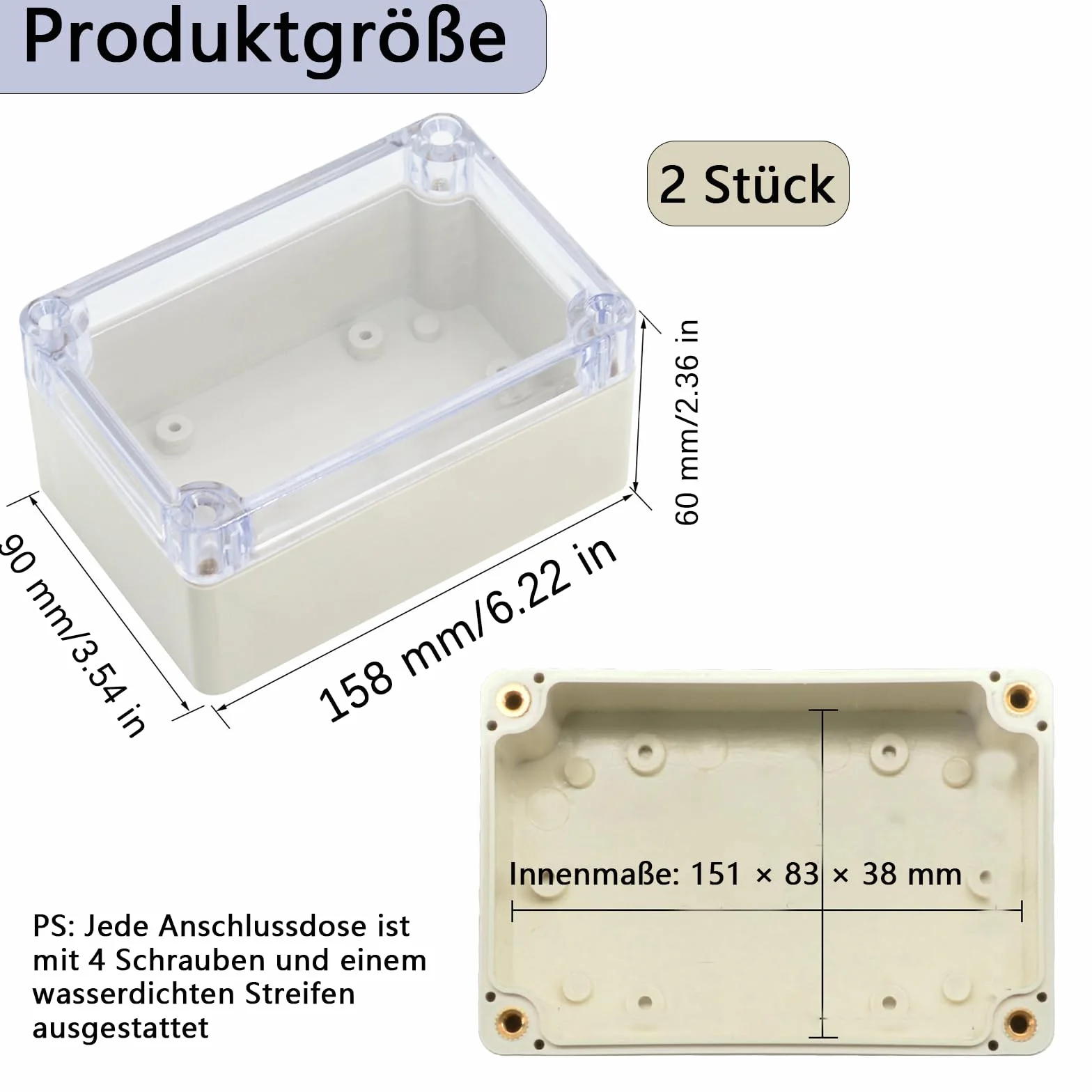 Boîte de dérivation IP65 étanche plastique couvercle transparent 158x90x60 mm Lot de 2