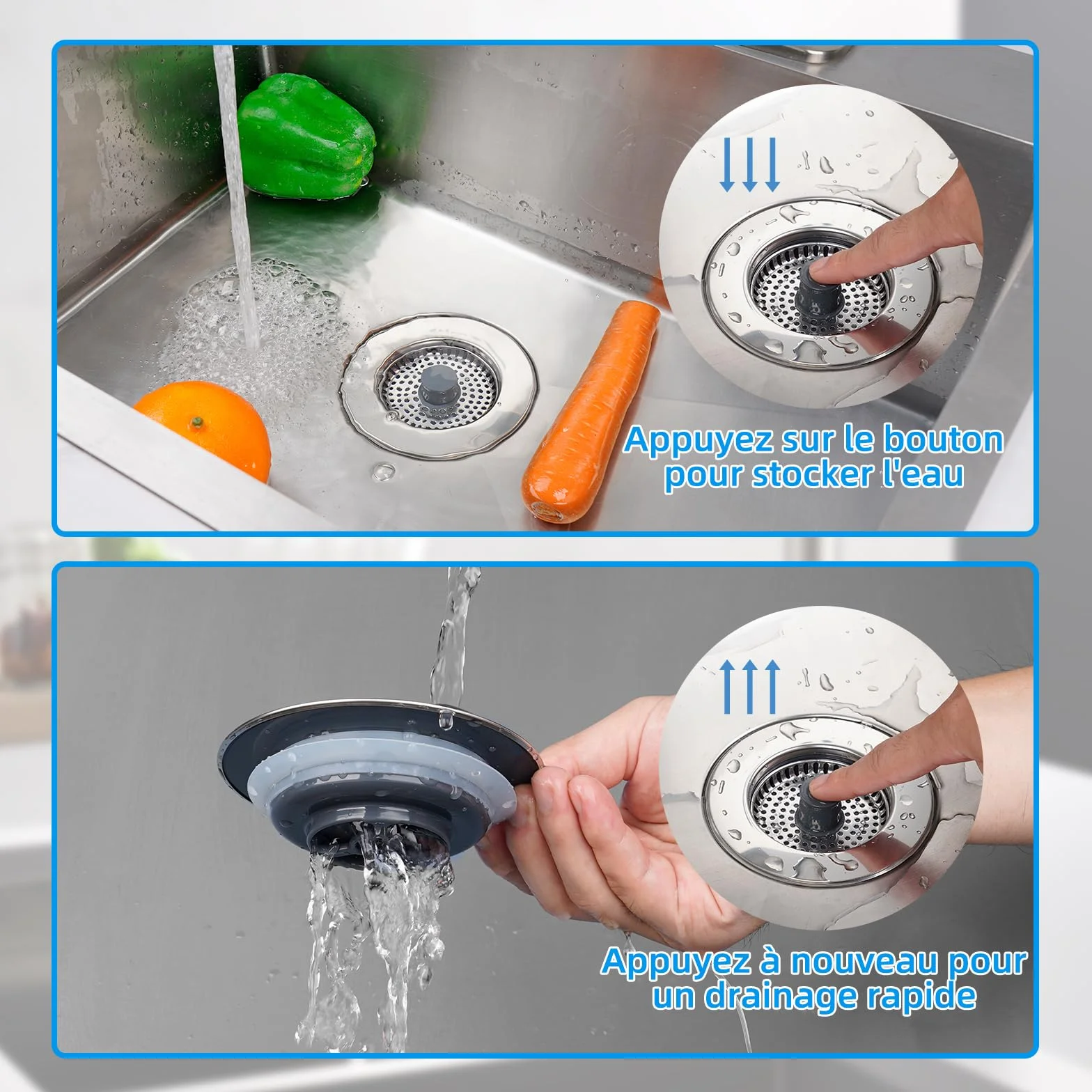 Hibbent Bouchon Evier Cuisine ABS avec Filtre INOX Anti-Blocage pour Évier Profondeur >22mm