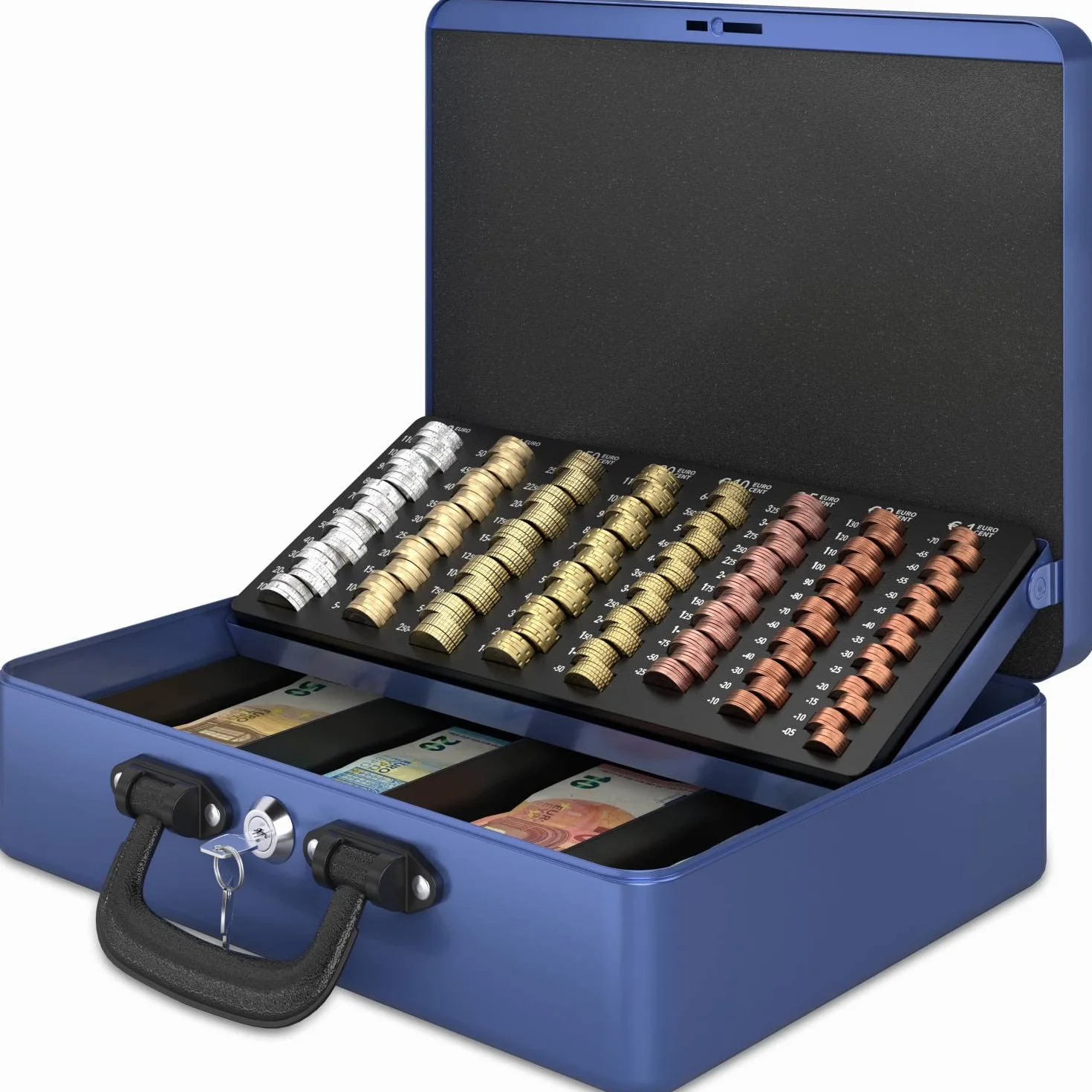 ACROPAQ Caisse monnaie grande professionelle avec monnayeur et 2 clés, Bleu