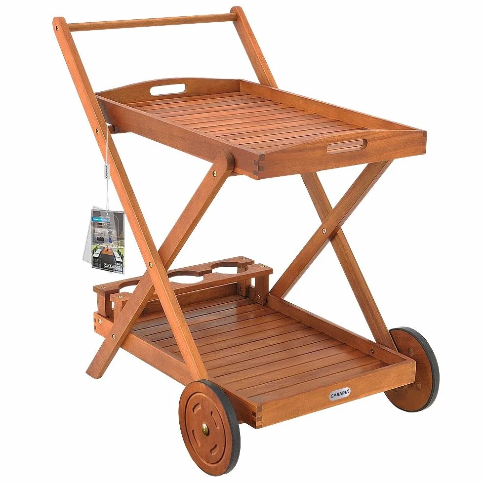 CASARIA Desserte à roulettes en Bois d'Acacia Chariot de Service 2 Niveaux 3 Porte Bouteilles