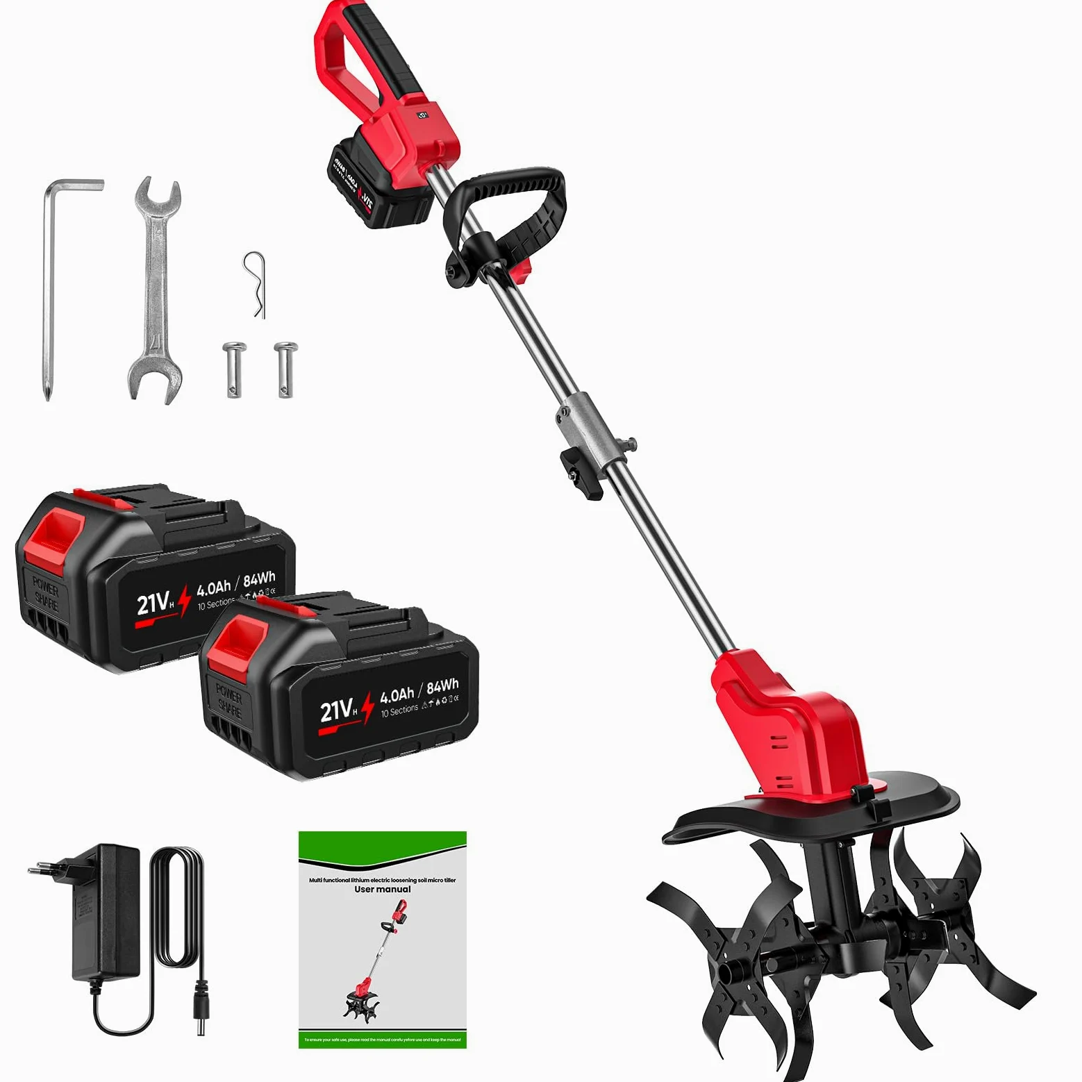 Motobineuse Électrique sans Fil 21V, Motoculteur 550W avec 2 Batteries 4.0Ah, 4 Lames en Acier, Largeur de Travail 30cm, Profondeur 22cm, Écran LED, Double Sécurité, Bineuse pour Jardinage et Potager