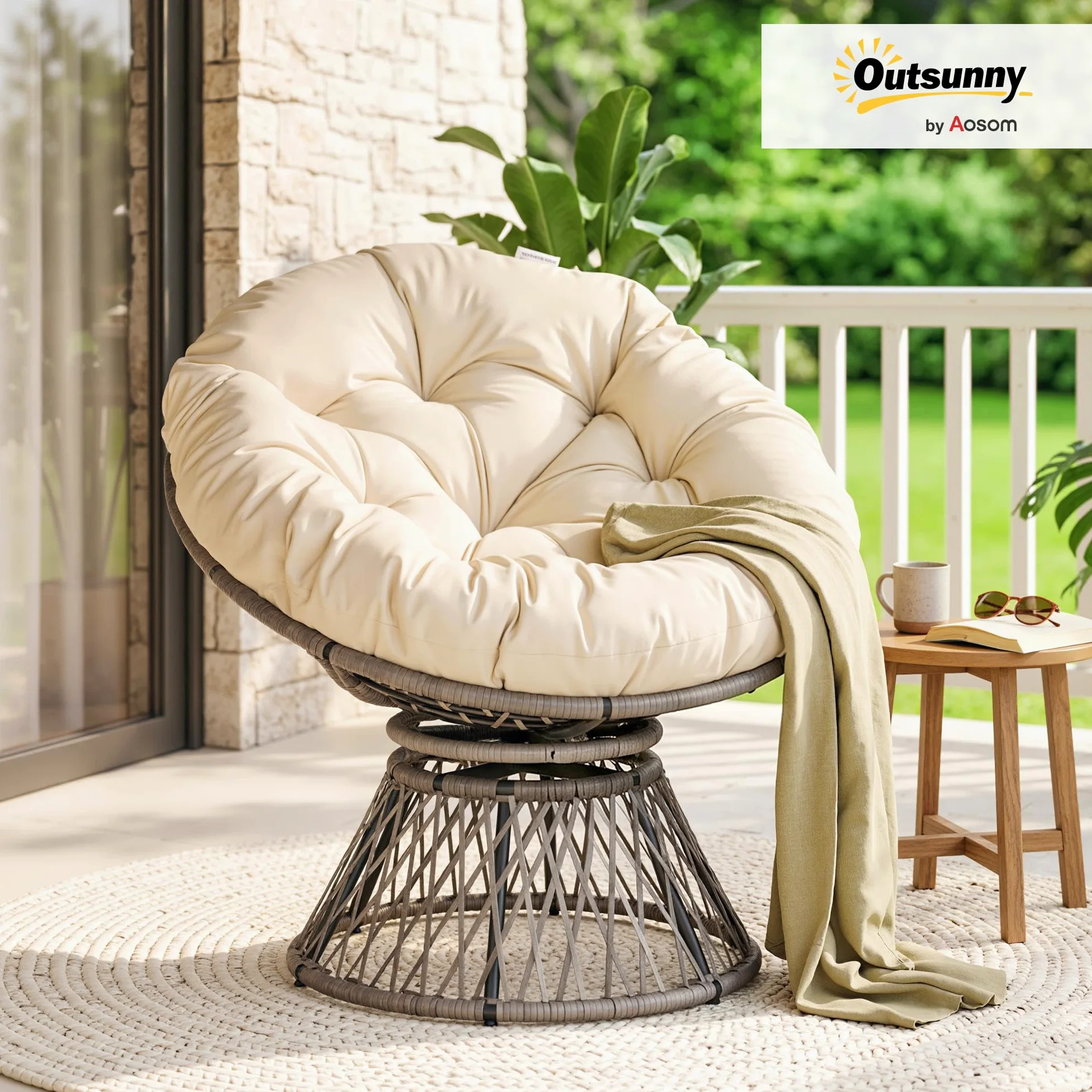Outsunny Fauteuil Rond de Jardin Fauteuil papasan pivotant Grand Confort Ø 97 x 90H cm Grand Coussin fourni Polyester résine tressée crème