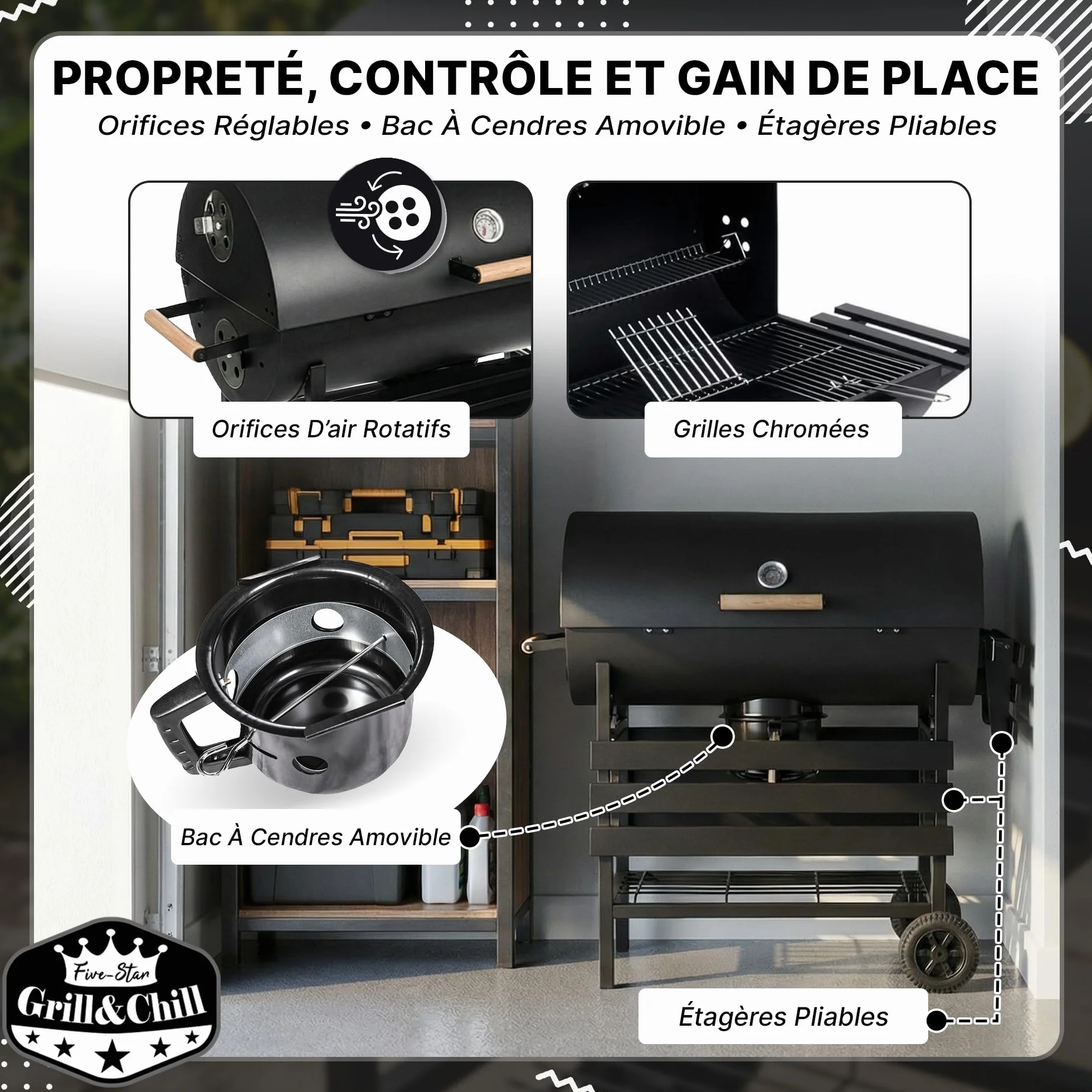 Five-Star Grill & Chill Barbecue charbon de bois - barbecue de jardin, barbecue charbon grande grille chromée 71×35 cm, couvercle, cendrier, thermomètre, deux roues de transport, BBQ, GC0002