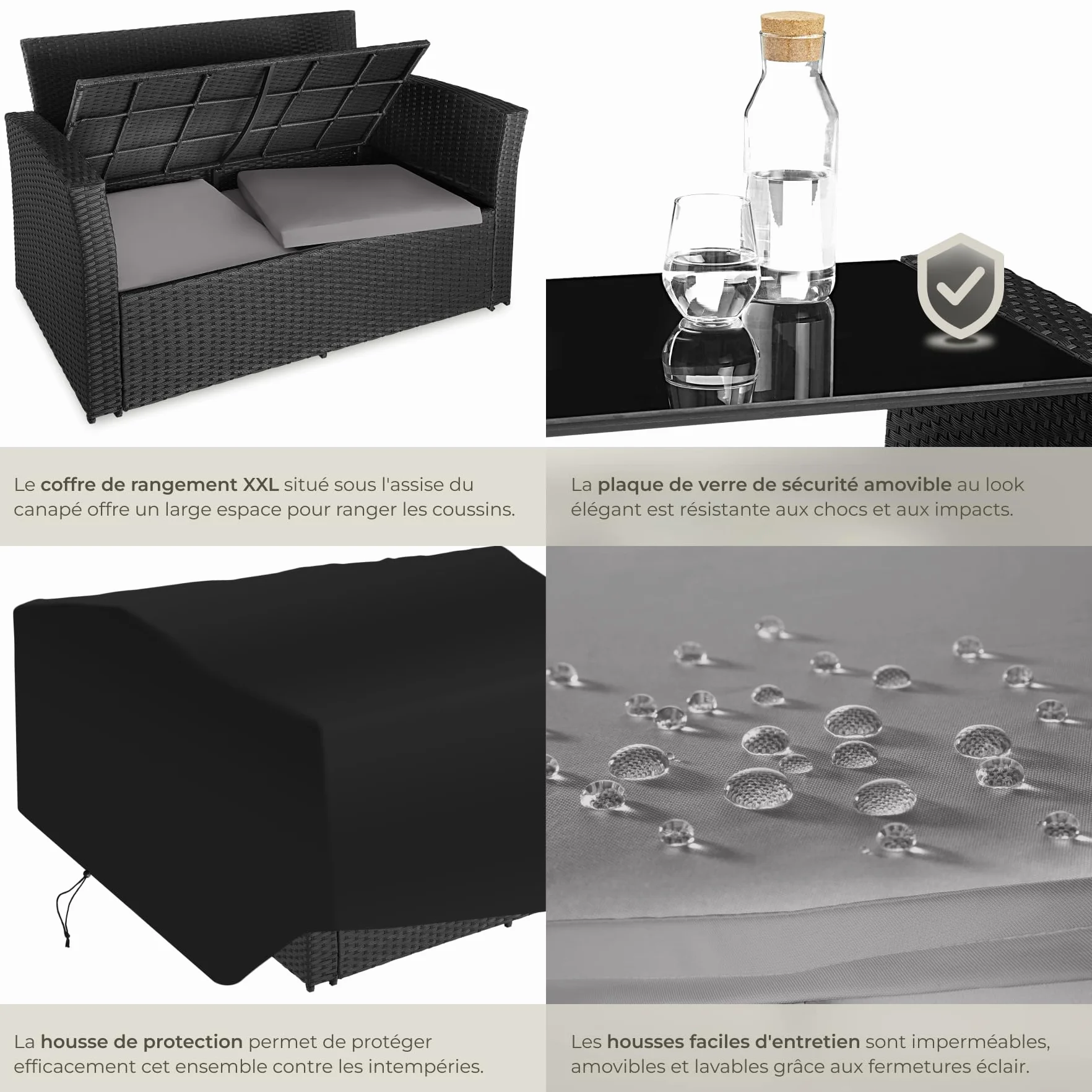 tectake Ensemble Salon de Jardin Poly Rotin 1 Banquette 2 Fauteuil 2 Tabouret 1 Table Jardin Noir/Gris