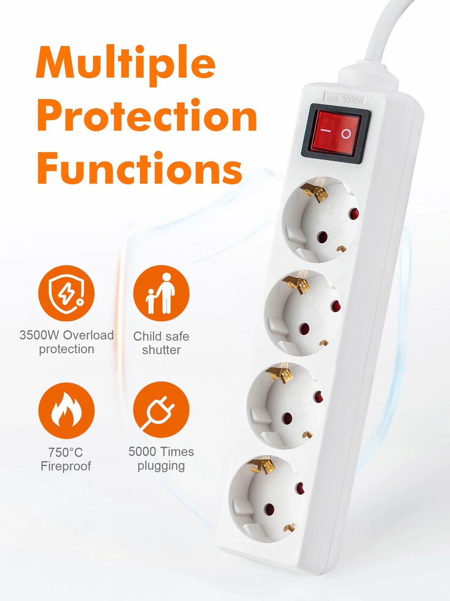 GRIFEMA Multiprise 4 Prises 3500 W 16 A 1,5 m Blanc Protection Enfants Prises Orientées 45°