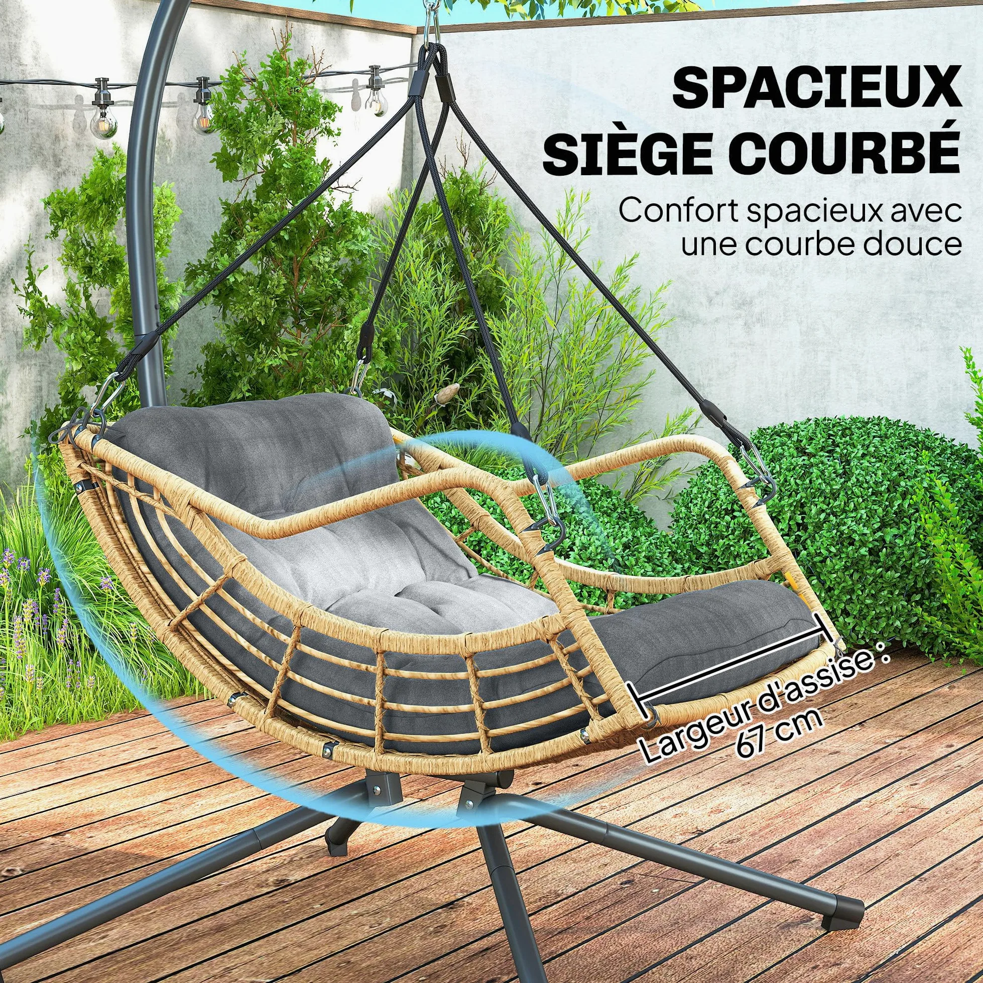 Outsunny Fauteuil Suspendu en résine tressée avec Support, Chaise Suspendue, Chaise hamac balançoire, Coussin et Attache de sécurité, Hauteur réglable, Cadre en Acier, intérieur et extérieur, Gris