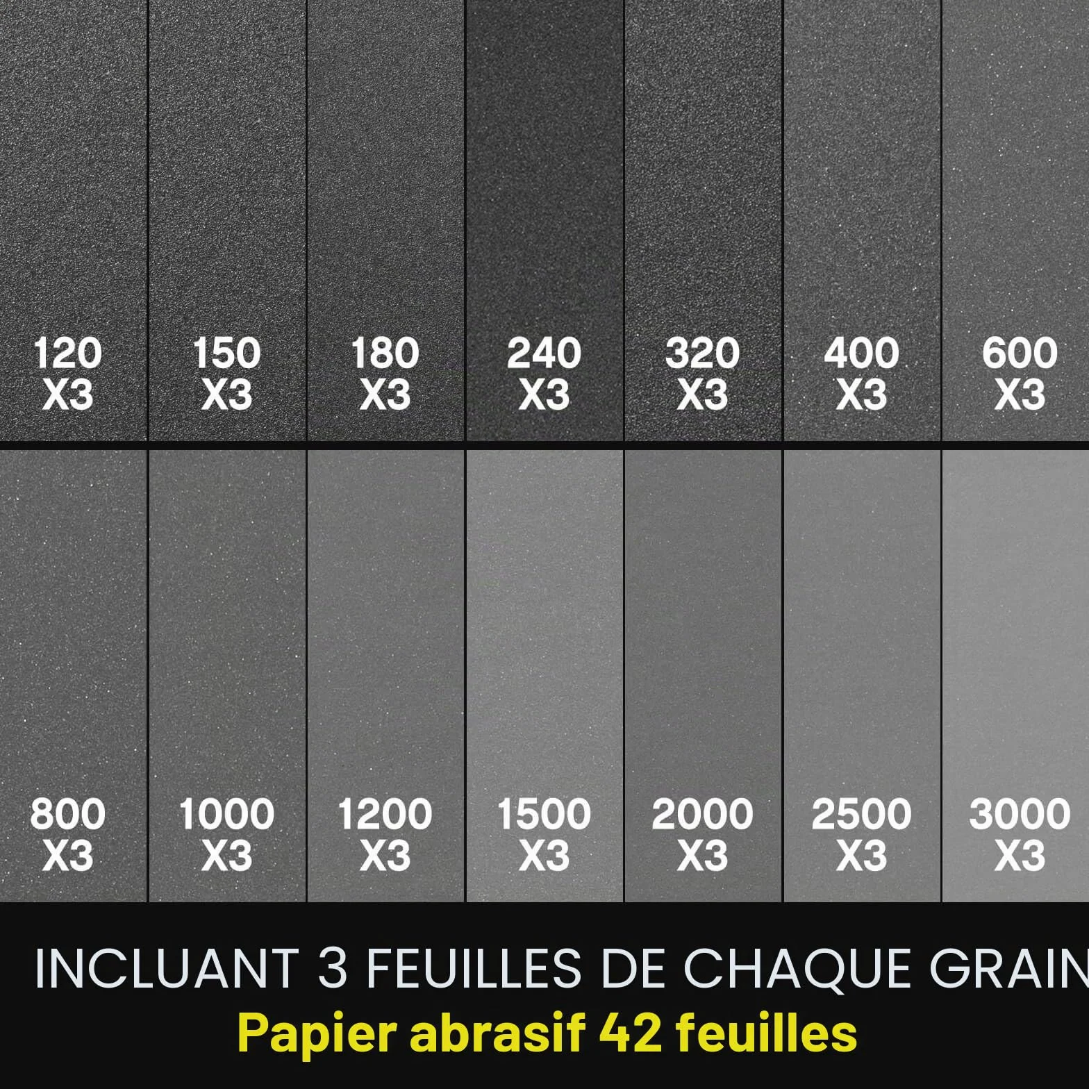 Papier de Verre Abrasif 120-3000 Grains 42 Pièces 9x3,6 Pouces pour Polir Métal Bois Voiture