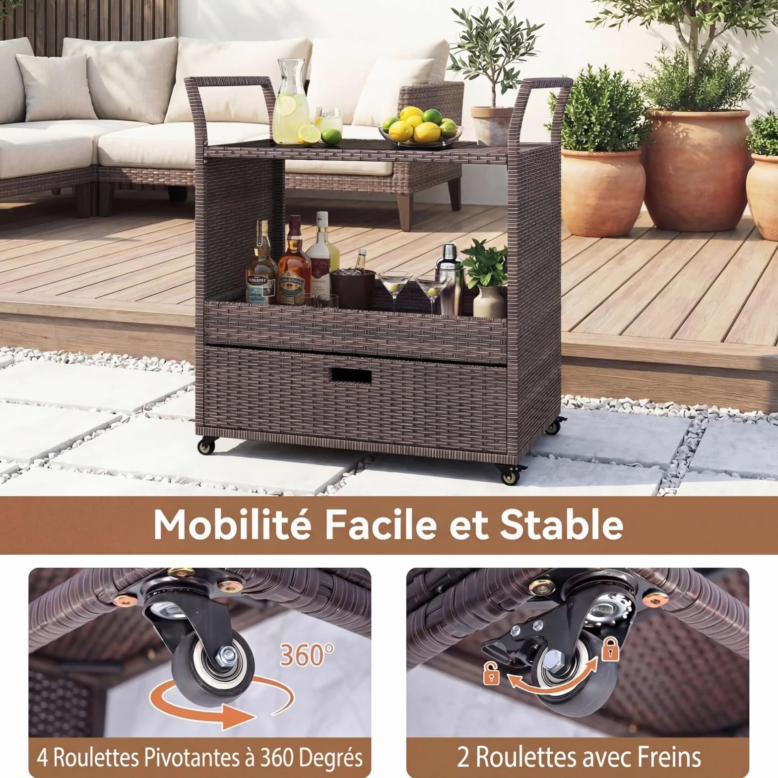 SOARS Desserte Exterieur Rotin PE Chariot Plancha Roulettes Plateau Verre Barbecue Jardin Patio