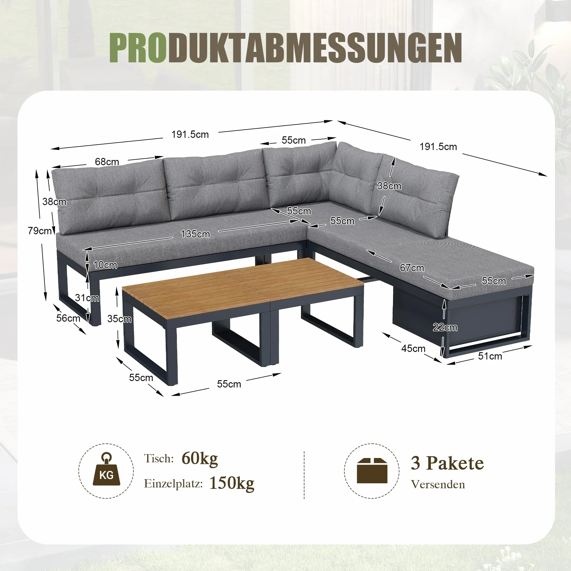 Salon de jardin d'extérieur multifonction, canapé d'angle modulable 5 places résistant aux intempéries, doté de dossiers réglables avec fonction d'inclinaison, d'un espace de rangement et de coussins