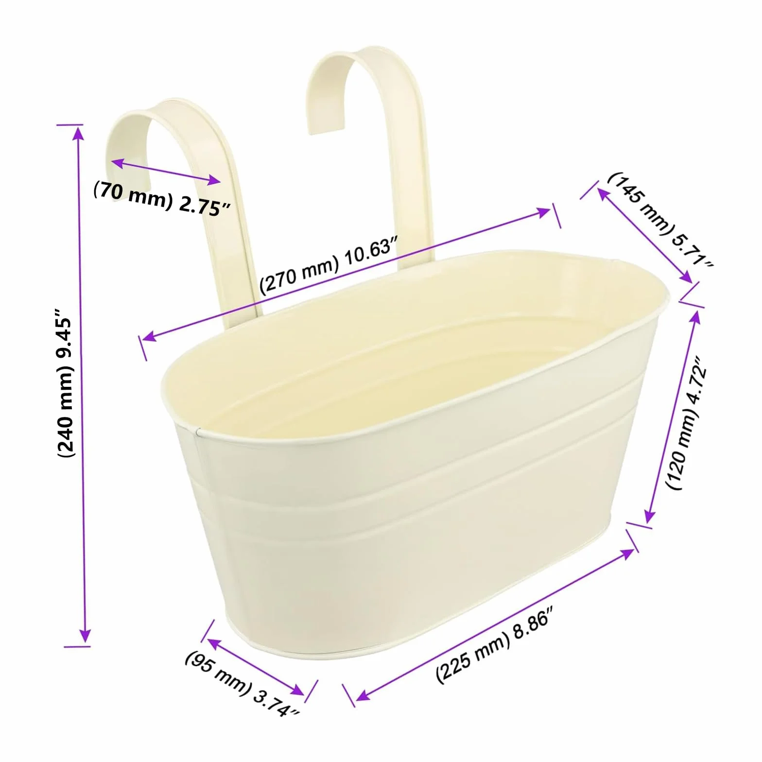 Lot de 5 Pots de Fleurs Suspendus en Métal Beige pour Balcon - Jardinière Suspendue avec 2 Trous de Drainage - 27x14,5x12 cm - Intérieur et Extérieur