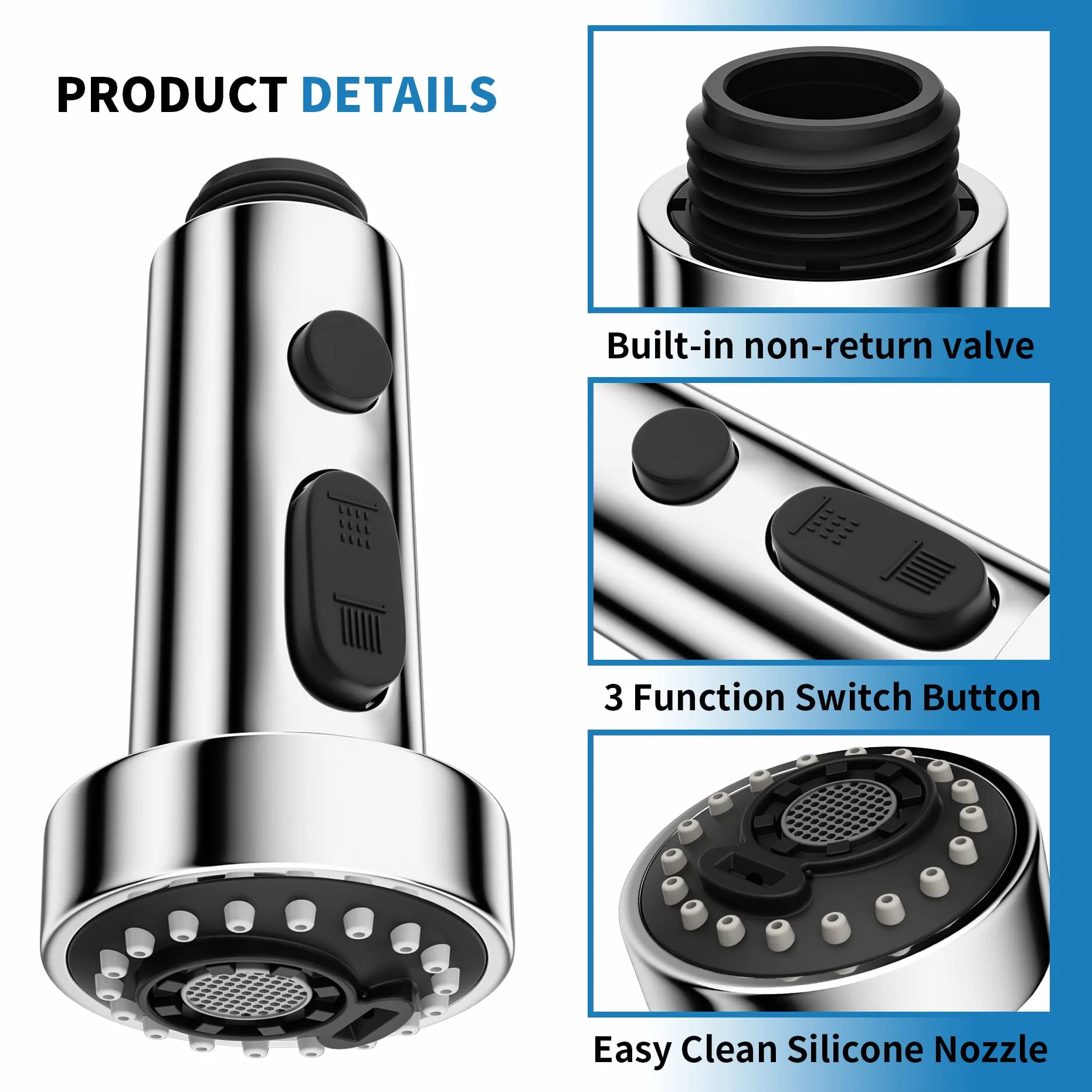 Hibbent Tête Robinet de Cuisine 3 Modes, Douchette Rétractable Mitigeur Cuisine Universel G1/2, Pivotant 360°, Filetage Mâle