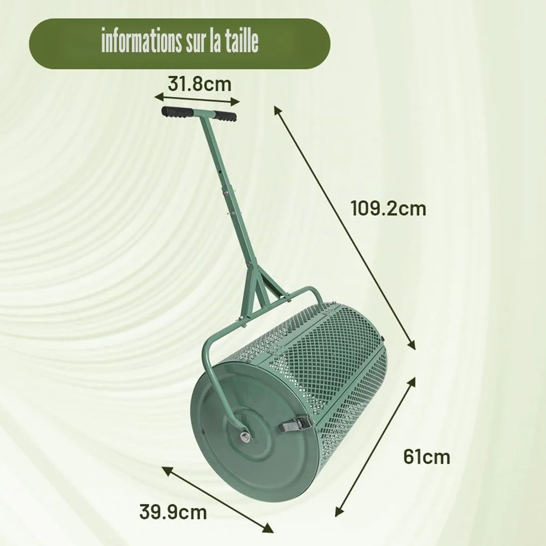 Épandeur de compost 75 l polyvalent - Filet en métal - Épandeur d'engrais - Rouleau - Semences - Pelouse - Mousse de tourbe - Vert