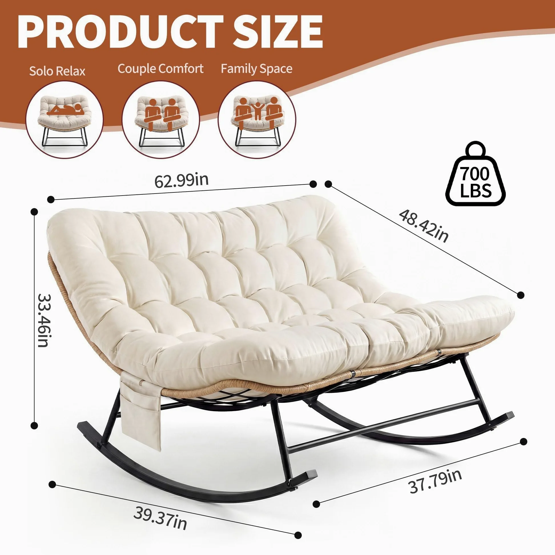 Garvee Fauteuil à Bascule Double Robuste 450 lbs – Dossier rembourré – Tissu imperméable – Cadre métal – Idéal Jardin, terrasse, Salon – Mobilier Moderne – Rotin Jaune et Coussins Beige Clair