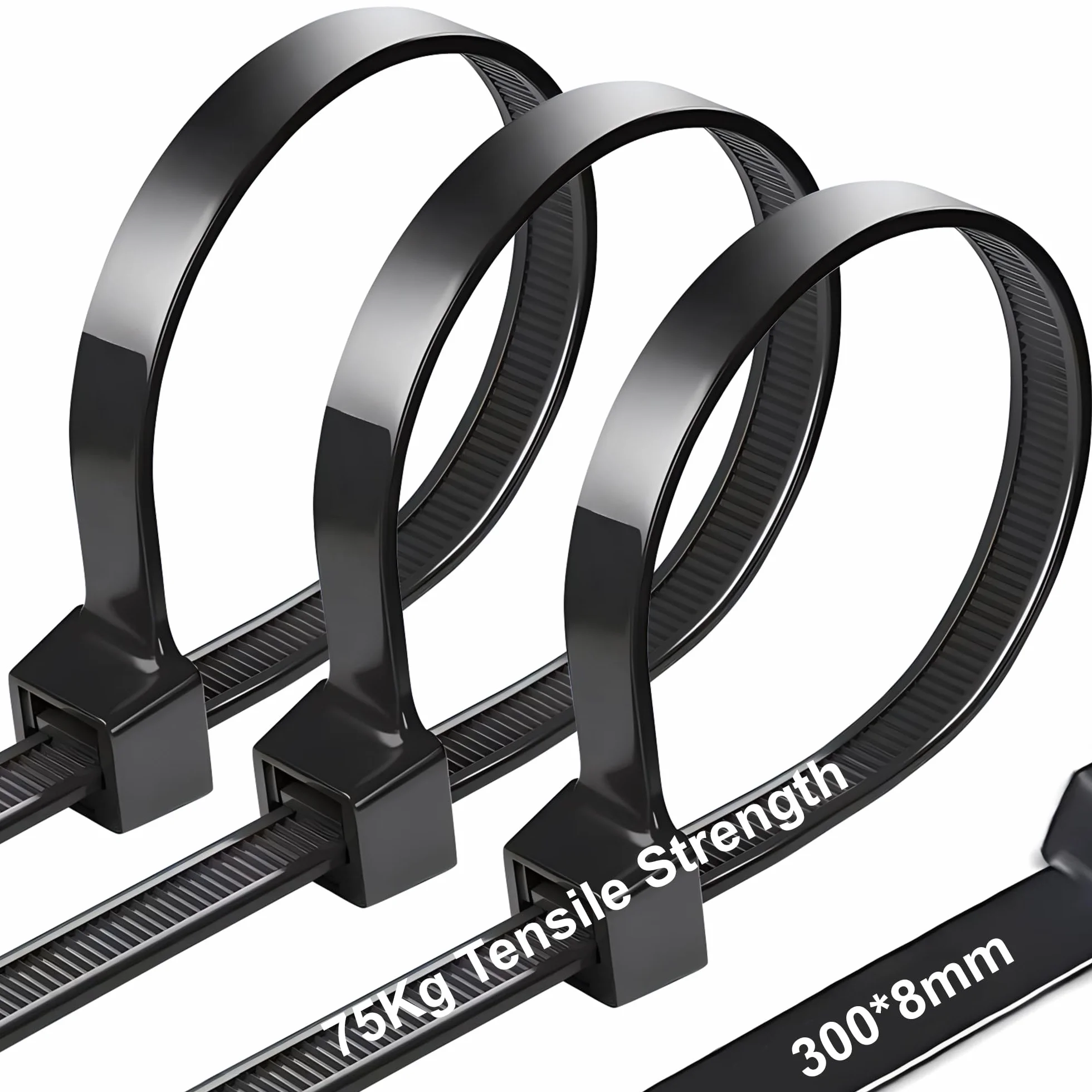 Collier de Serrage Noir 300 x 8 mm 75kg, Autobloquant Résistant aux UV, 100 Pièces