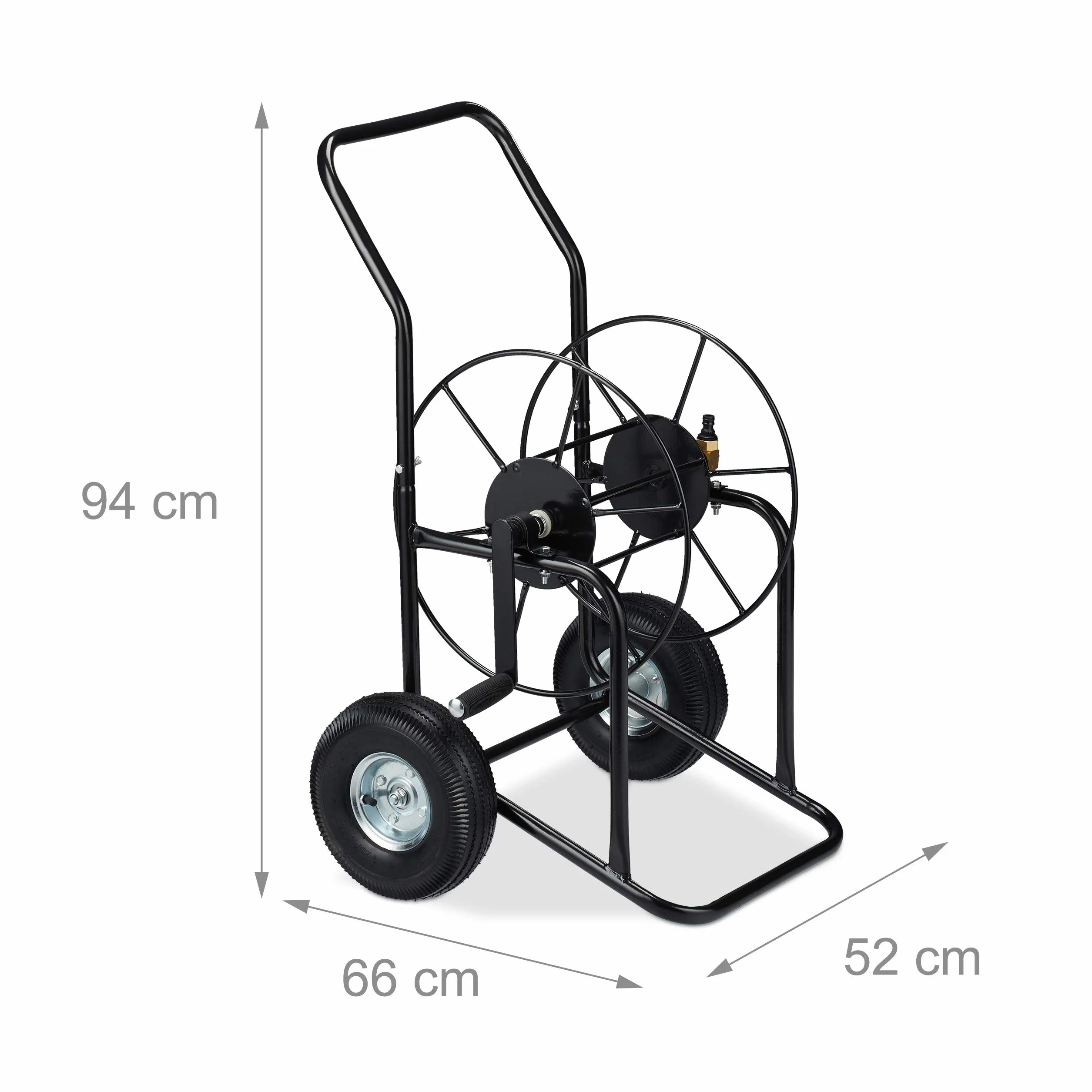Relaxdays Chariot pour Tuyau, Tambour Mobile, Connexion 1/2 & 3/4 de Pouce; Jusqu’à 80 de Long, 2 Roues, métal, Noir