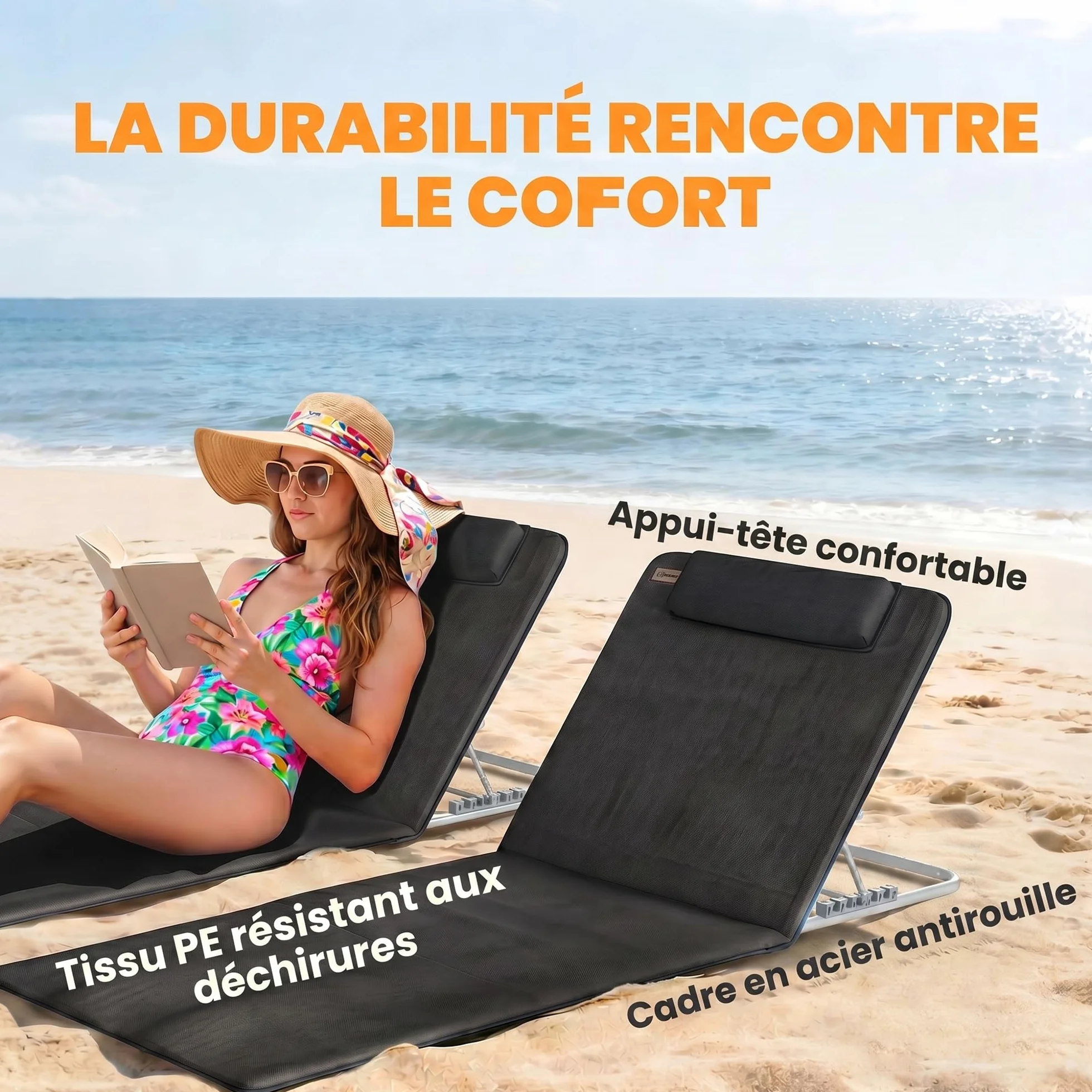 Outsunny Lot de 2 Tapis de Plage rembourré avec Dossier inclinable Multi-Positions et Sac Transport - Métal Polyester PE Noir
