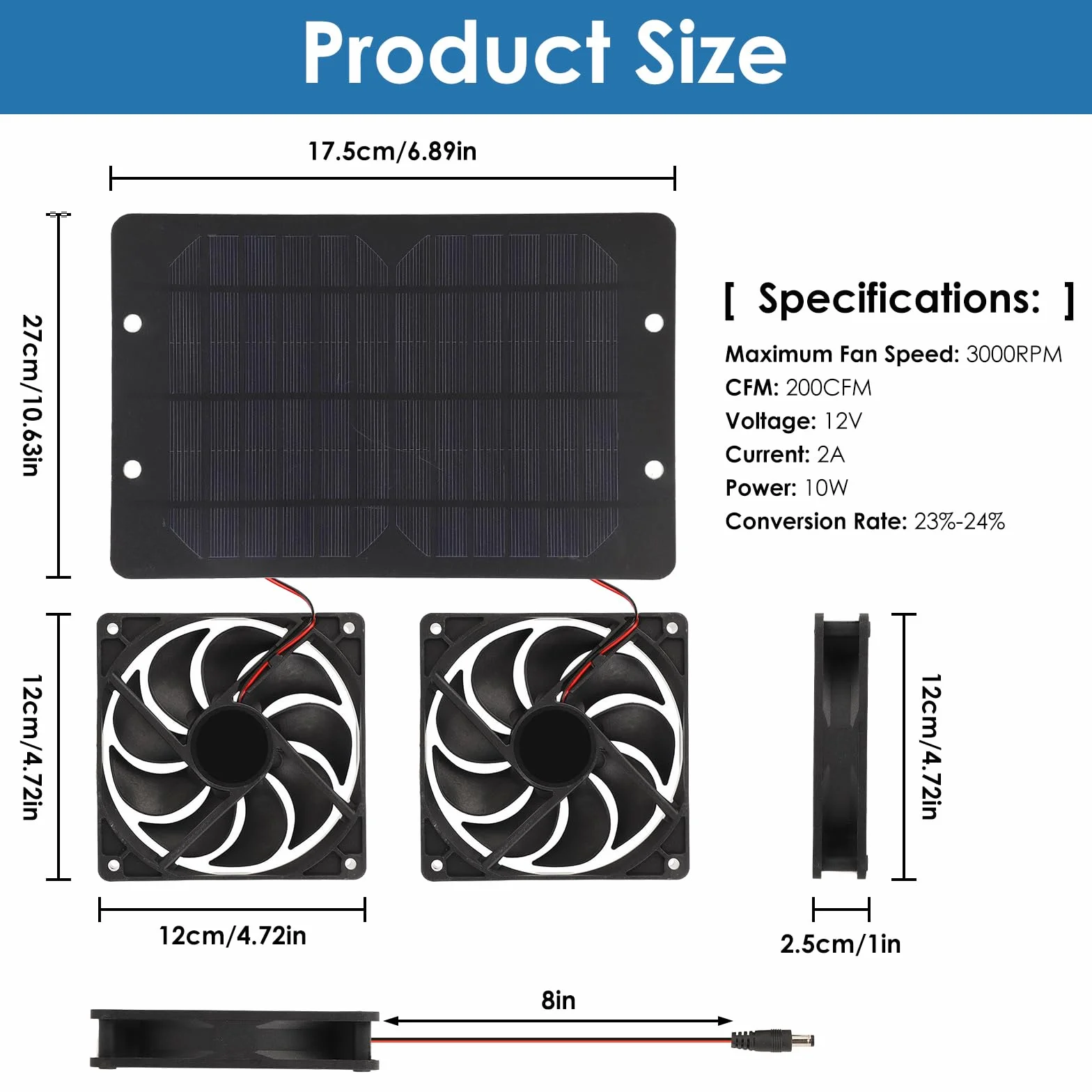 Ventilateur Solaire, Double Ventilateur Énergétique 10W 12V avec Panneau Solaire pour Serre Poulailler Maison Refroidissement Efficace