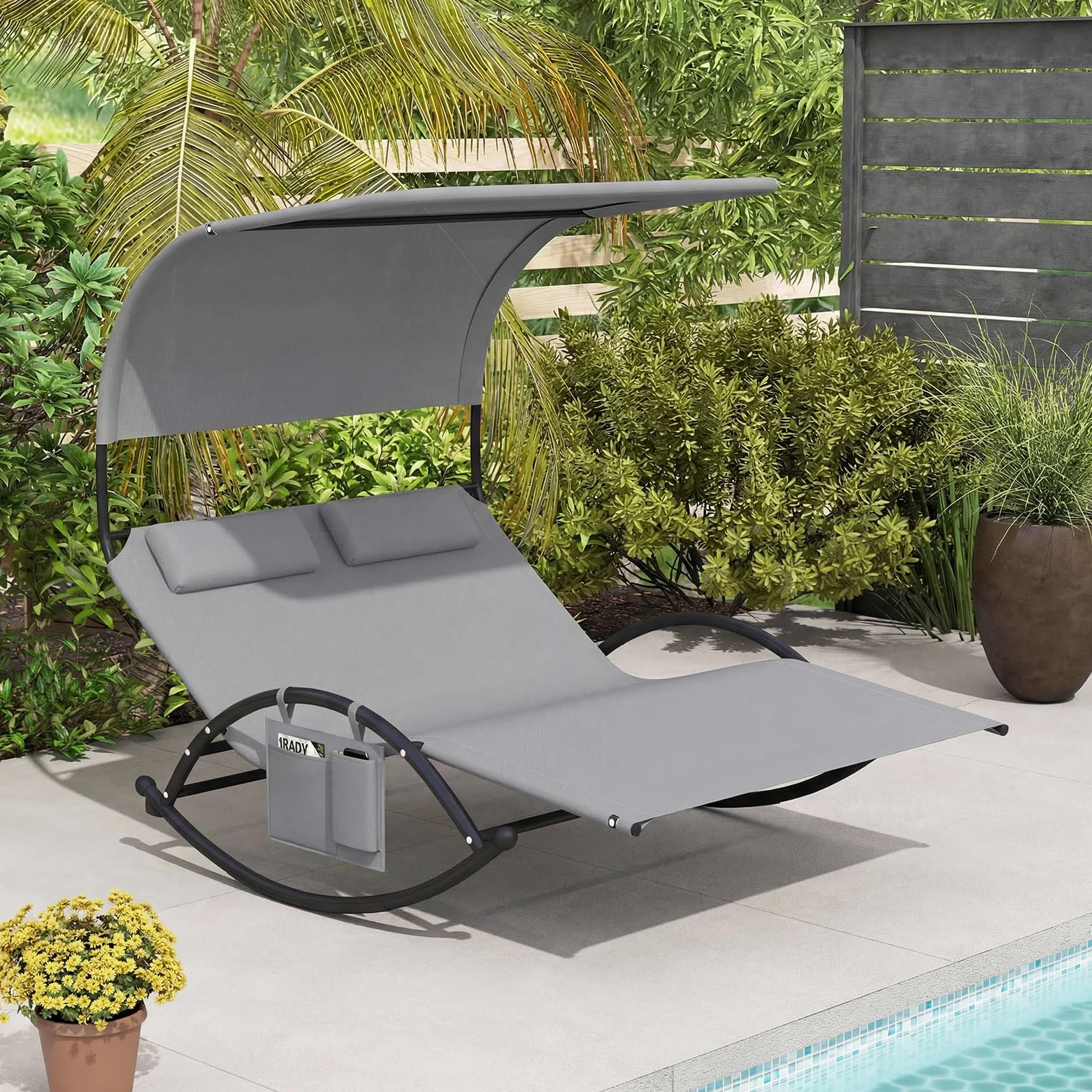 GIANTEX Chaise Longue de Jardin à Bascule pour 2 Personne, Poche Latérale, Transat Double à Bascule, Charge 300 kg, Auvent Pare-Soleil, 2 Oreillers Amovibles, Cadre en Métal, pour Jardin, Balcon, Gris