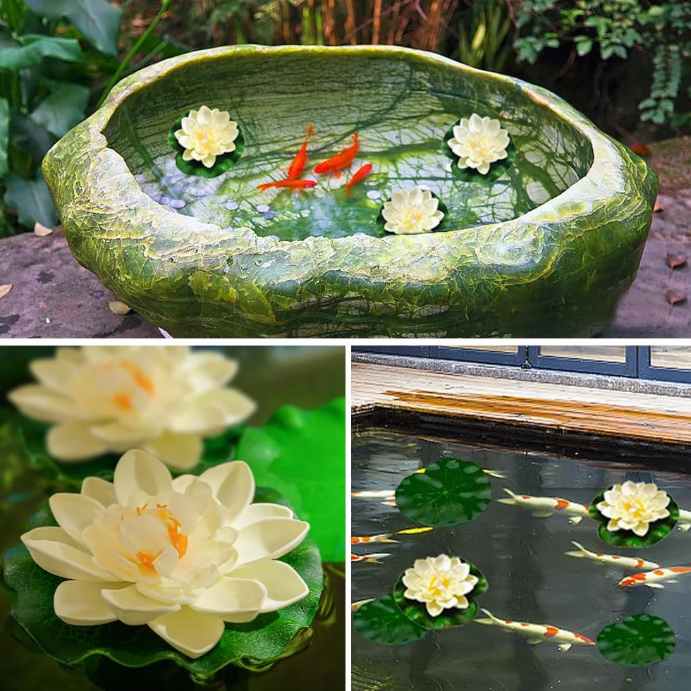 Lot de 7 fleurs de lotus artificielles flottantes pour décoration d'étang, feuillage et fleur en mousse pour étang, terrasse, jardin, piscine, aquarium, 2 styles