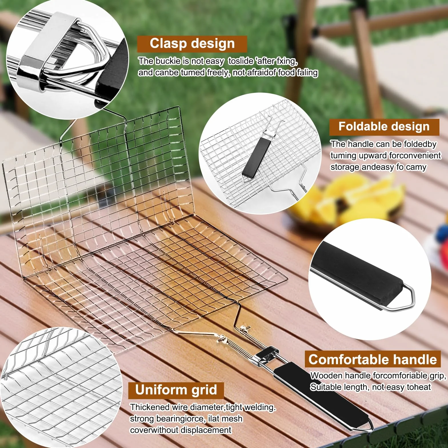 Panier de Barbecue Pliable 32 x 22 cm Acier Inoxydable avec 2 Brosses Silicone pour Poisson Crevettes Légumes Steak