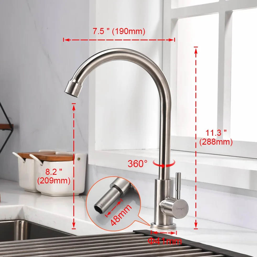 Robinet de cuisine Ibergrif en acier inoxydable pivotant 360° eau froide cartouche céramique flexible 50 cm