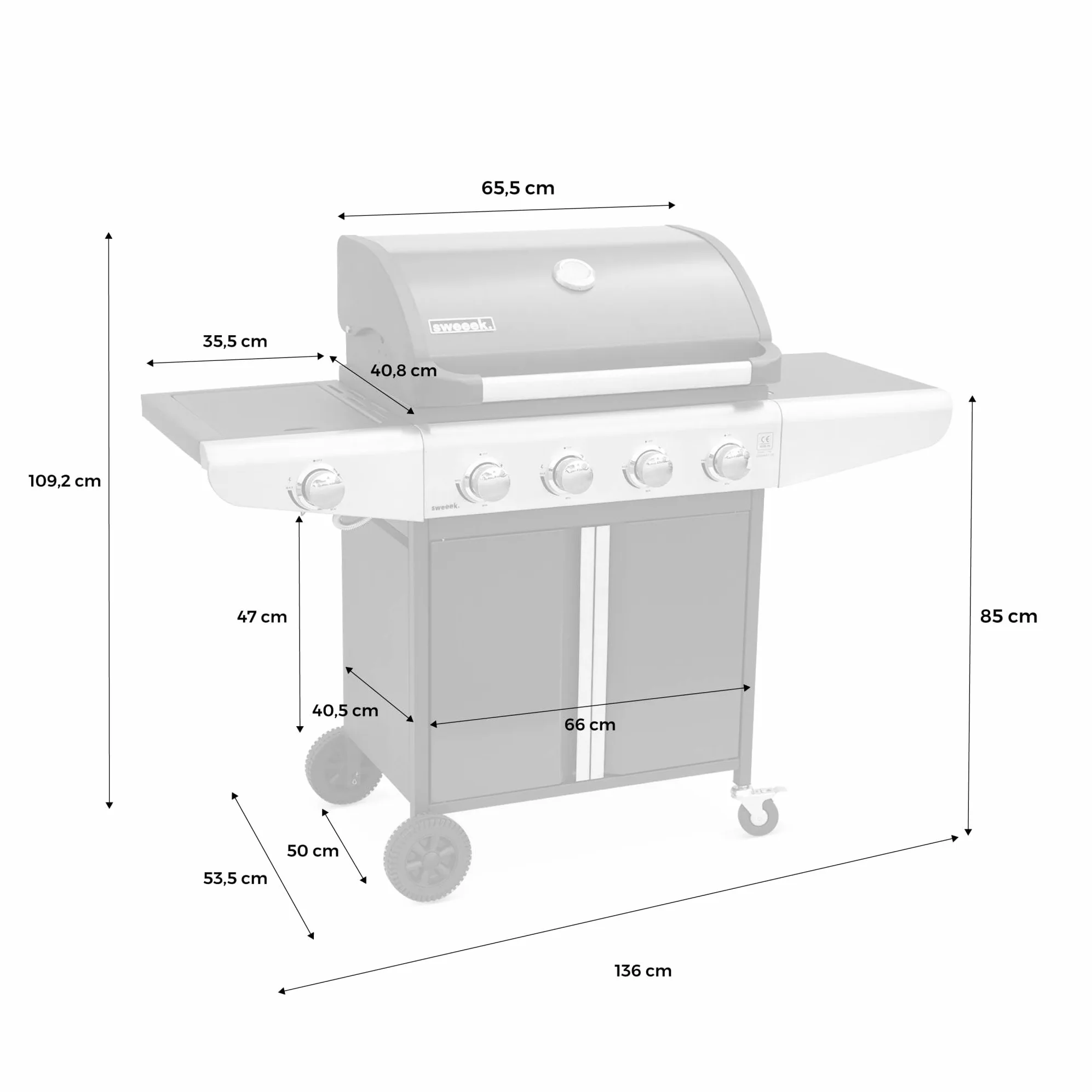 Alice's Garden - Barbecue au gaz - Bazin Gris anthracite - Cuisine extérieure 5 brûleurs dont 1 feu latéral avec tablettes et thermomètre. rangement. roues