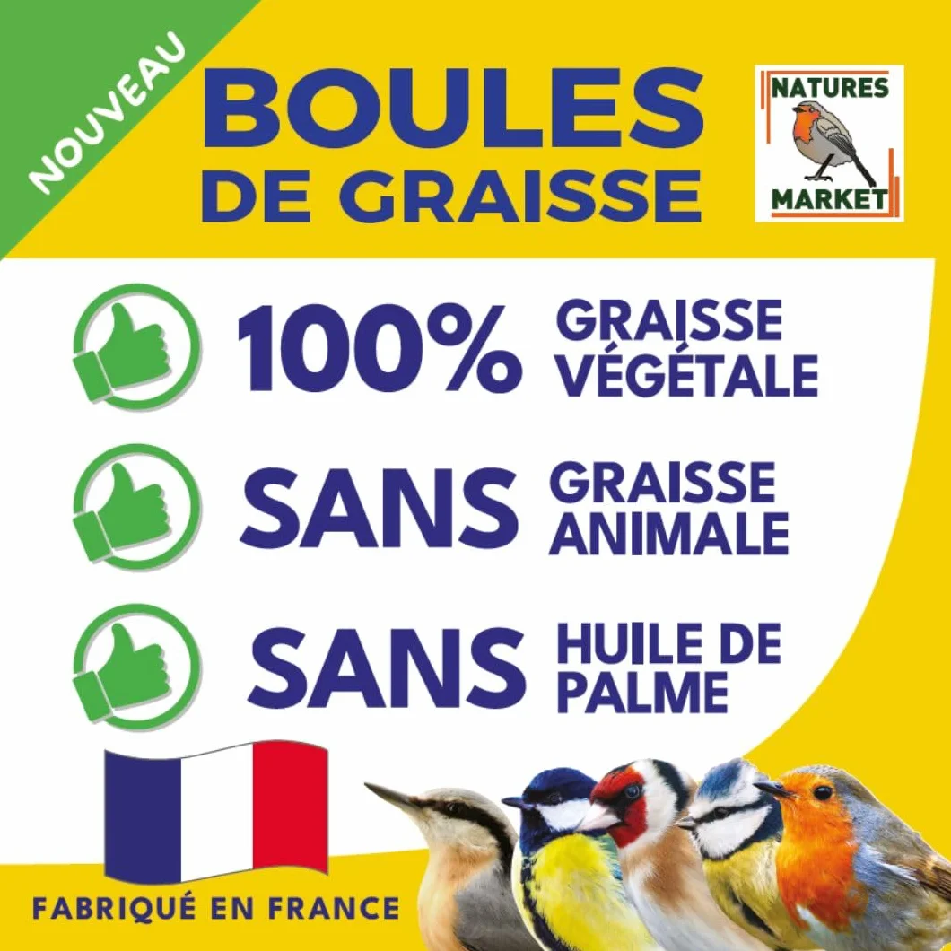 Boules Graisse VÉGÉTALE pour Oiseaux du Jardin – Fabriqué en France – 200 Boules sans Huile de Palme