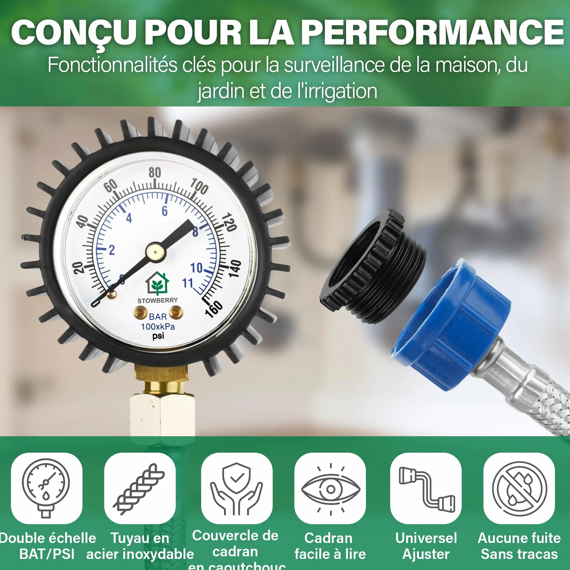 Manomètre de pression d'eau réseau 0-11 bar 0-160 PSI avec connecteur pour robinet de tuyau