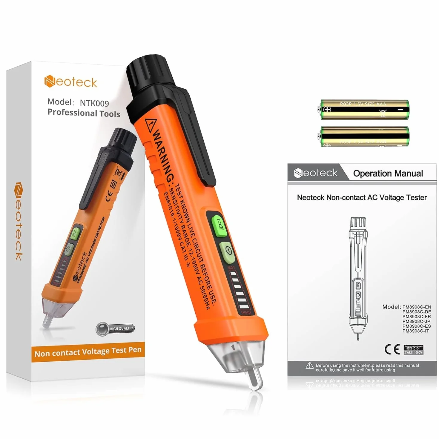 Neoteck Détecteur de Tension Sans Contact 12-1000V, Stylo Testeur NCV AC 50-500Hz