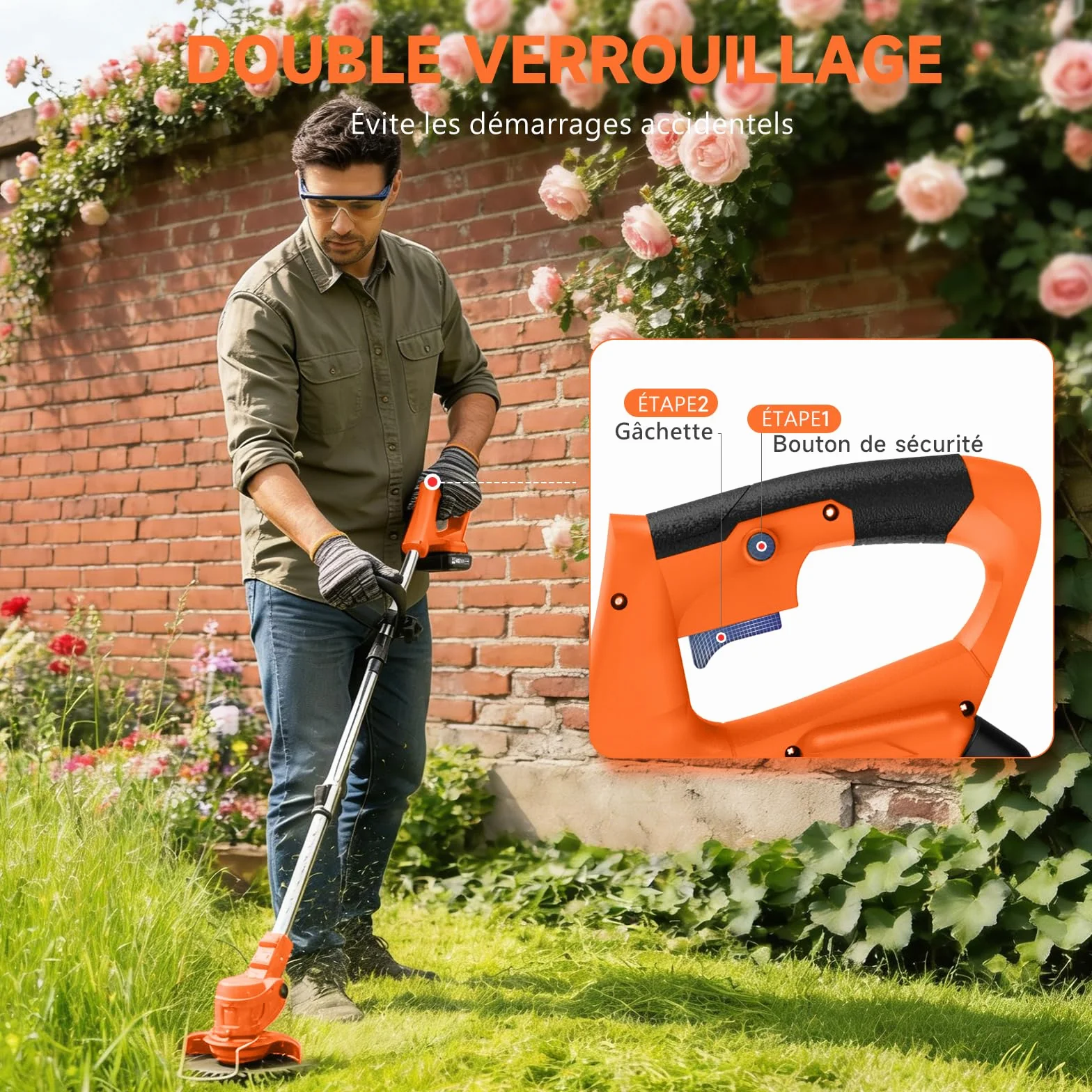Debroussailleuse Electrique sans Fil 850W Rotofil 60cm Manche Telescopique 2x 2000mAh 26 Lames Orange Cuivré