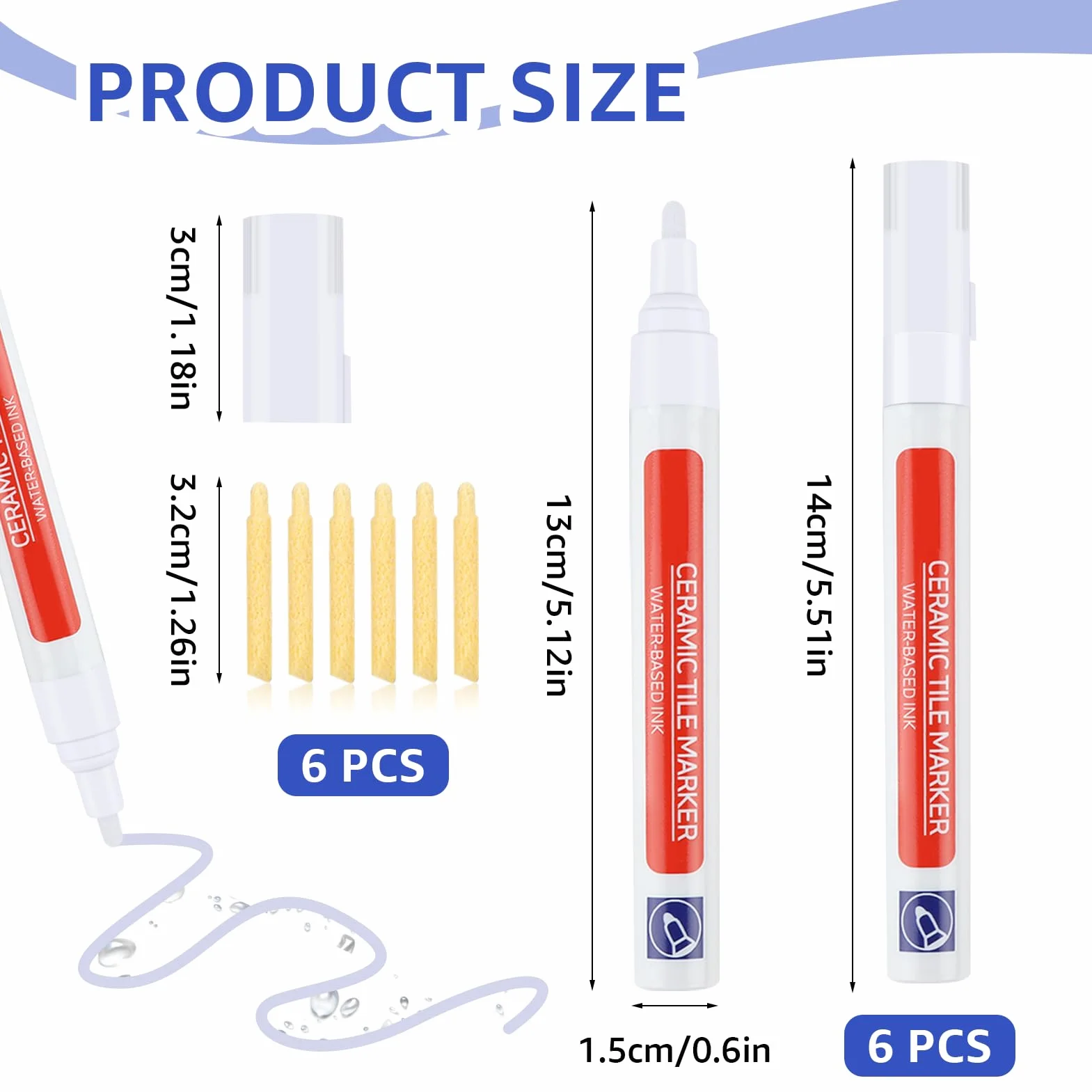 Stylo Joint Carrelage Blanc Imperméable 6 Pièces avec Pointe de Rechange