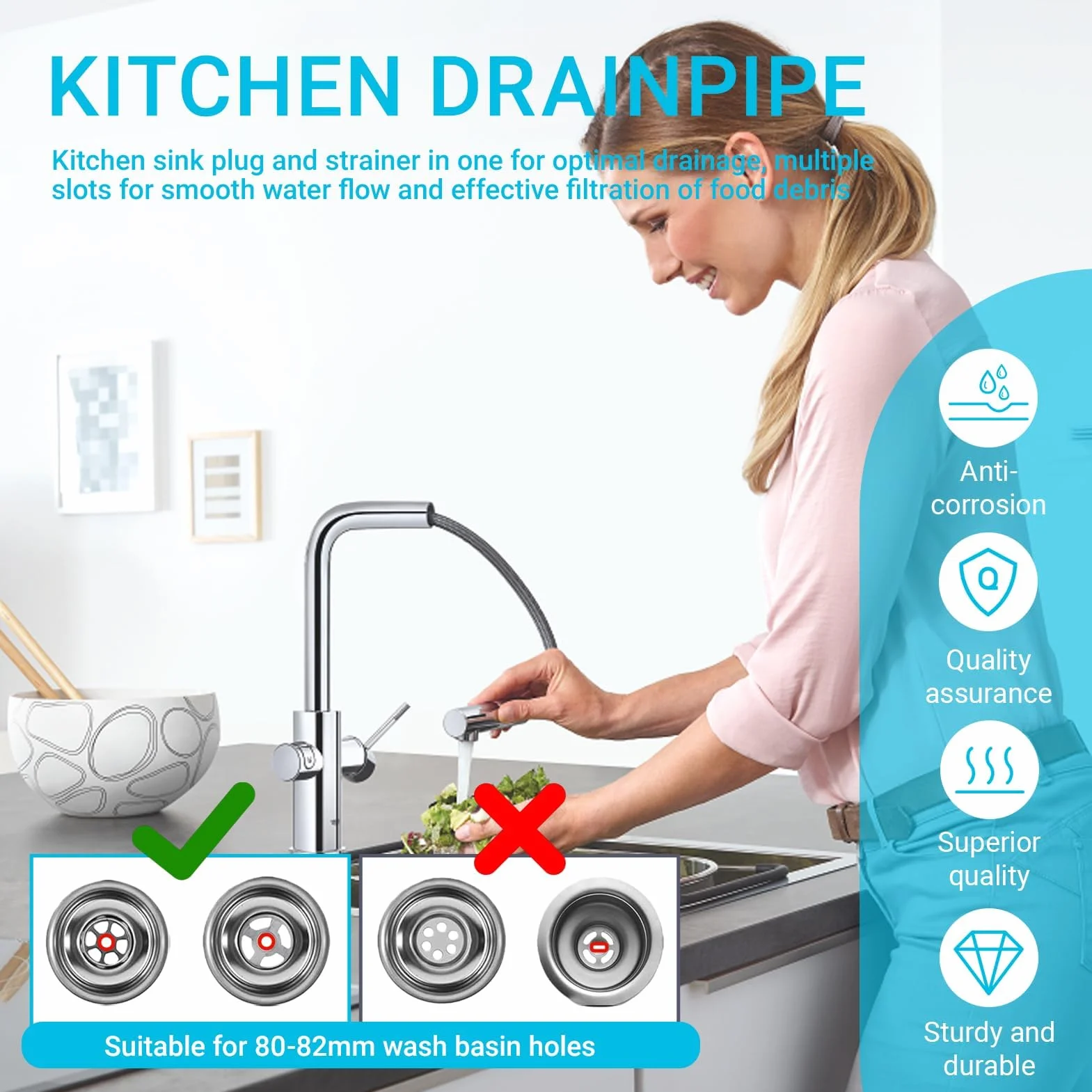 Bouchon Evier Cuisine Ø 80 mm Acier Inoxydable avec Goupille Réglable Crépine Anti Colmatage