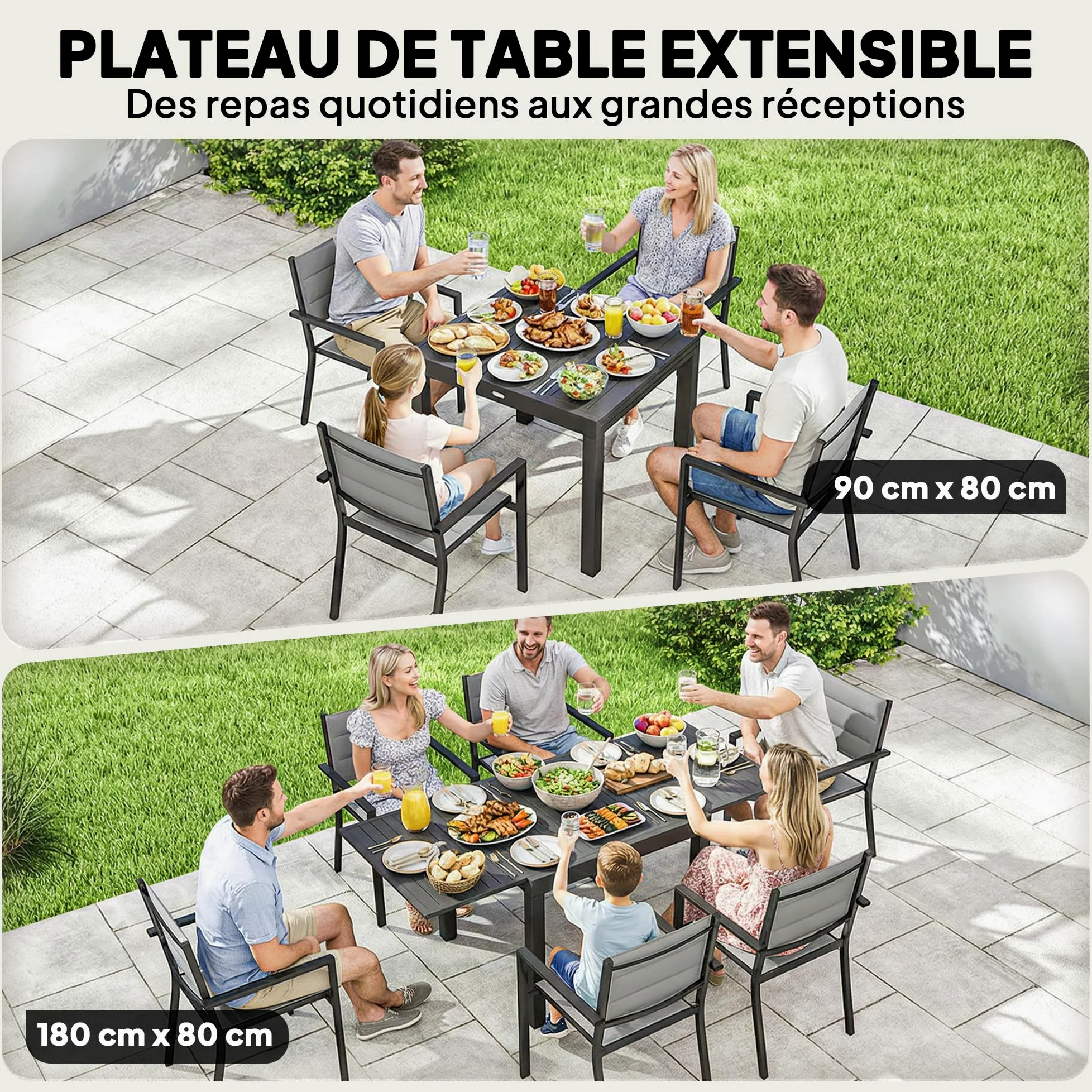 Outsunny Salon de Jardin 7 Pièces Table Extensible Aluminium - Ensemble Mobilier de Jardin avec 6 Chaises Empilables Textilène Rembourré - Meuble pour Terrasse Extérieur et Repas de Famille, Gris