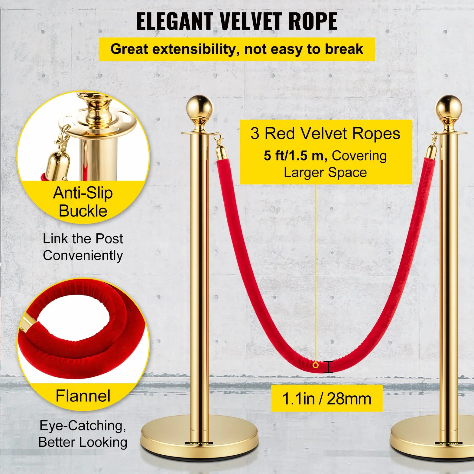 VEVOR Poteau de Guidage Doré 6PCs, Barrière de Balisage avec Corde en Velours Rouge 1,5 m