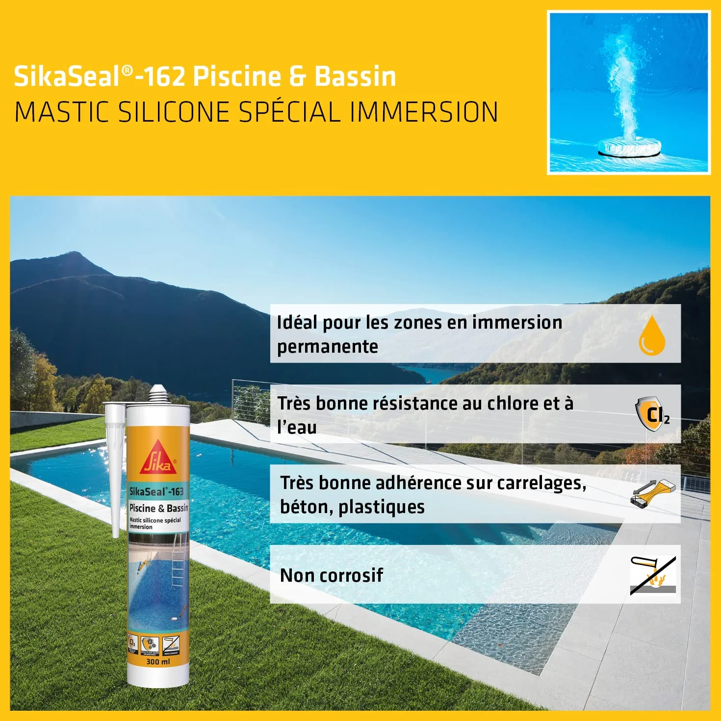 Sika SikaSeal-163 Mastic Silicone Piscine Blanc 300 ML Résistant Chlore