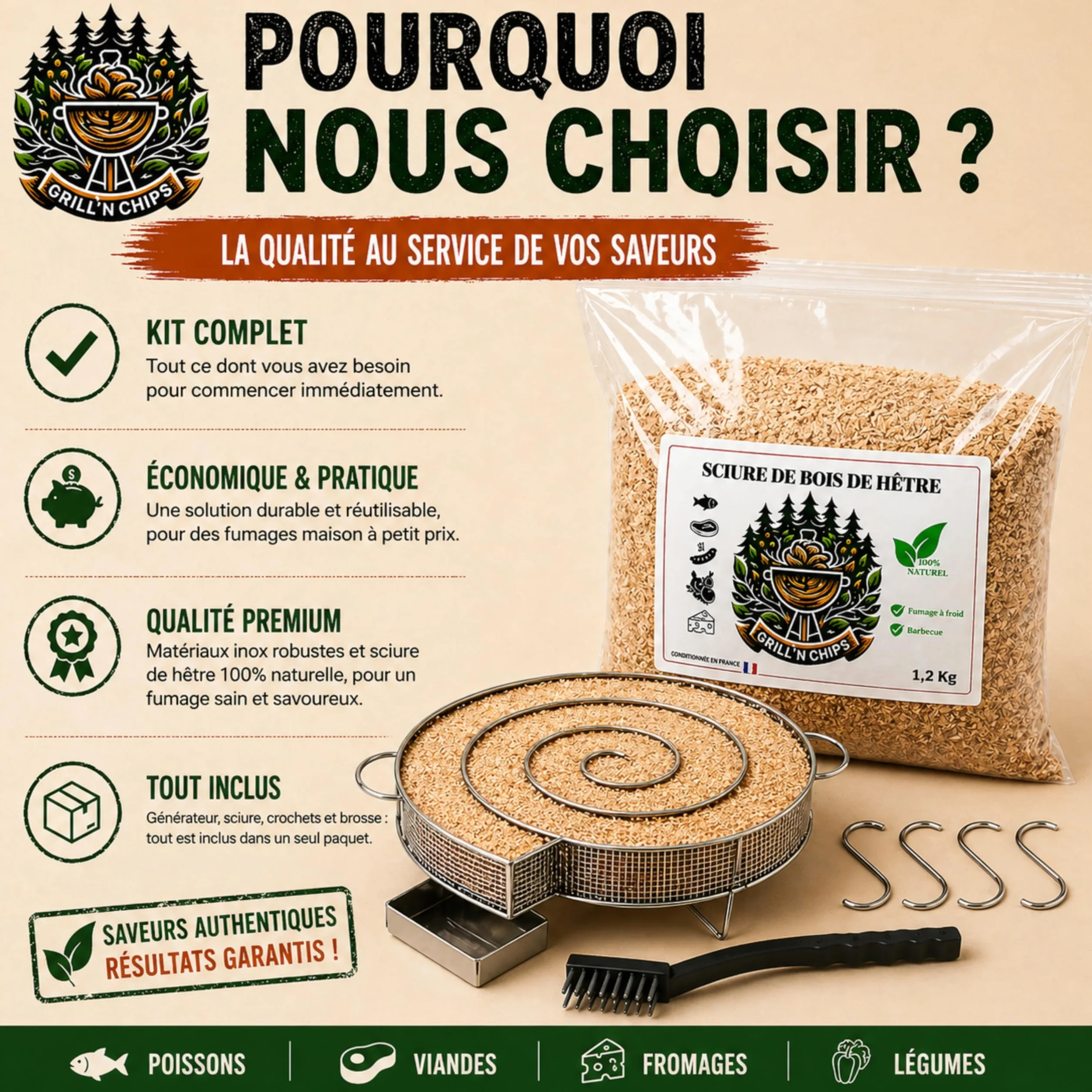 Générateur/Serpentin de Fumée Froide pour Fumoir Viande et Poisson + 1.2kg de Sciure de bois de hêtre + 4 crochets et 1 Brosse de nettoyage - Guide Numérique PDF à Télécharger (Offert)