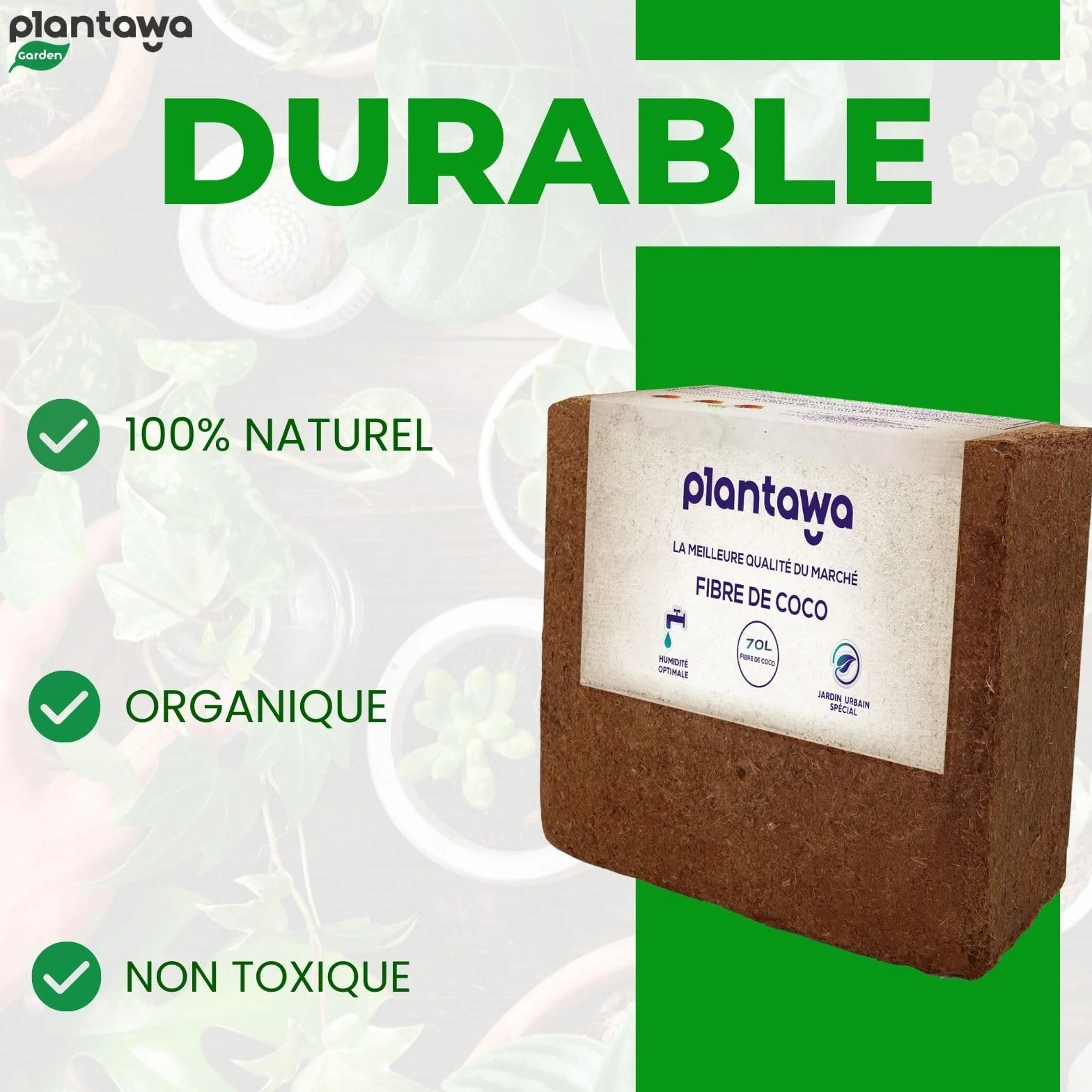 PLANTAWA Fibre de Coco Organique Bloc 5 kg 70 l – Brique compacte – Terre pour Plantes – Utilisation de Potager Urbain terriaire pour Plantes extérieures Turba pour Pots de Fleurs