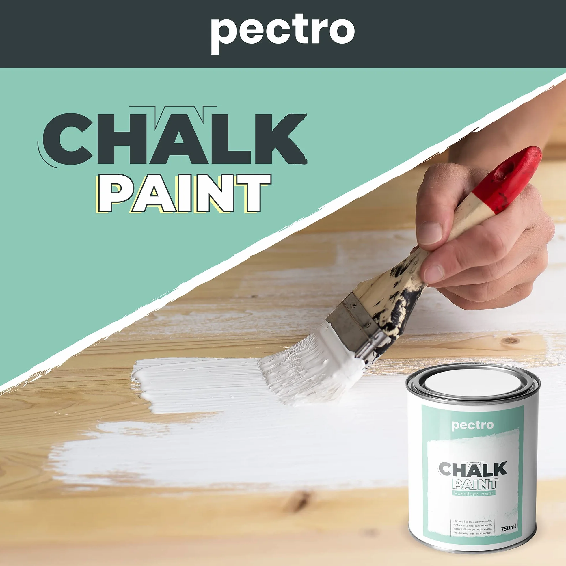 PECTRO Peinture à la Craie pour Meuble Bois 750ml + Brosse Spéciale - Pack Chalk Paint Effet Craie Vintage Finition Mate (Blanc Pur)
