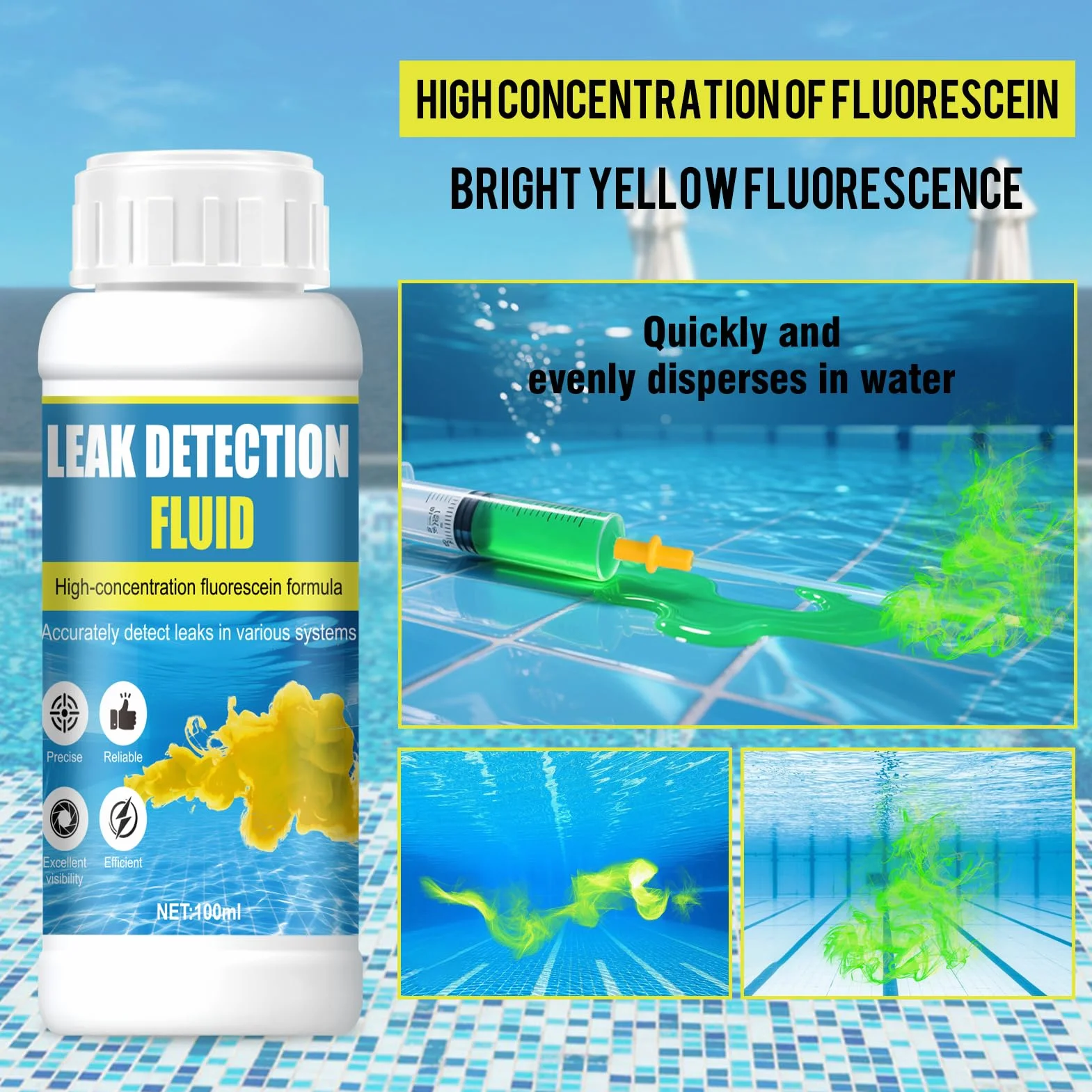 Colorant Fuite Piscine, Détecteur Fuite Piscine, Fluorescéine Forte, Solubilité dans l'Eau