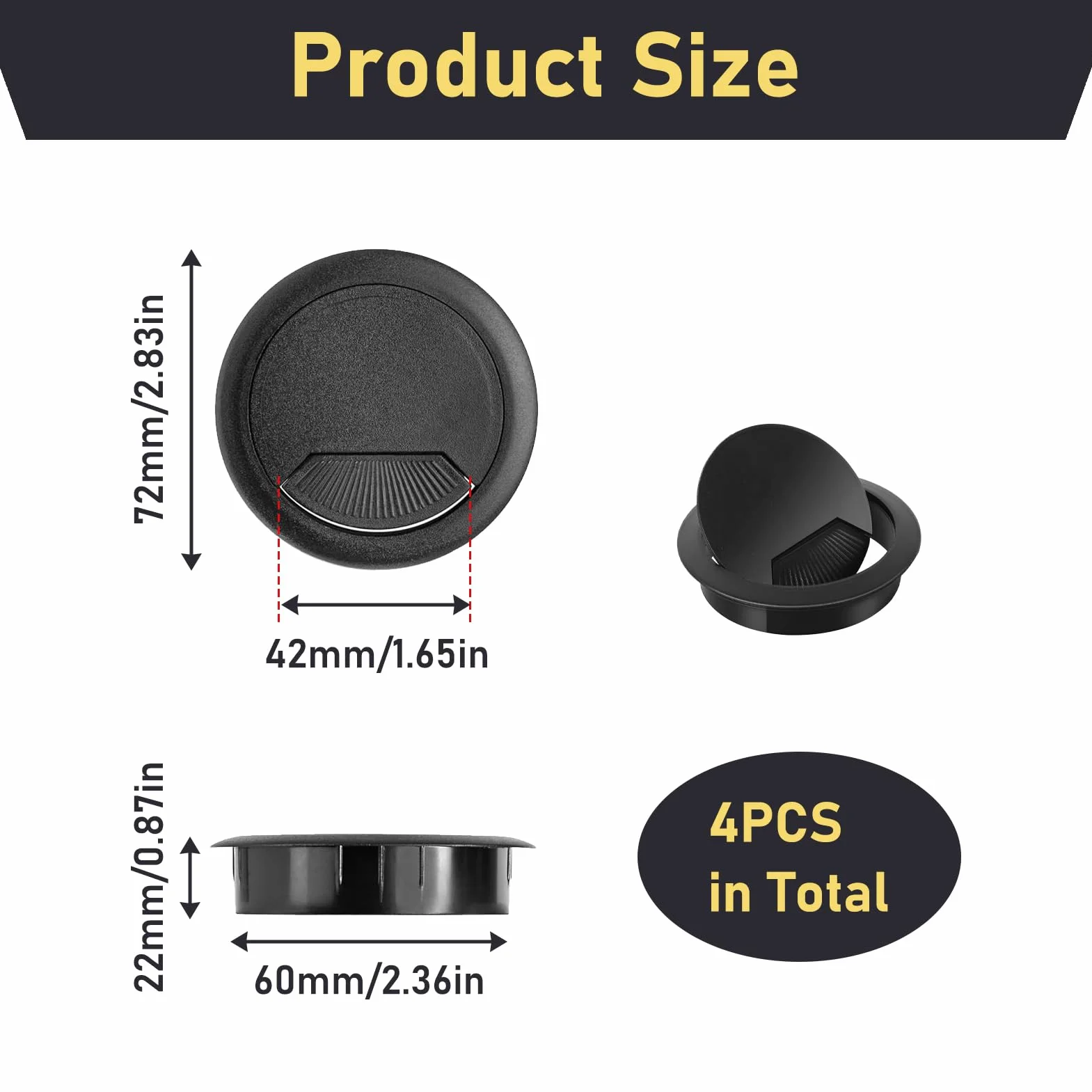 Cache-Câble Bureau 60 mm Noir 4 Pièces Rond Organisateur de Câbles